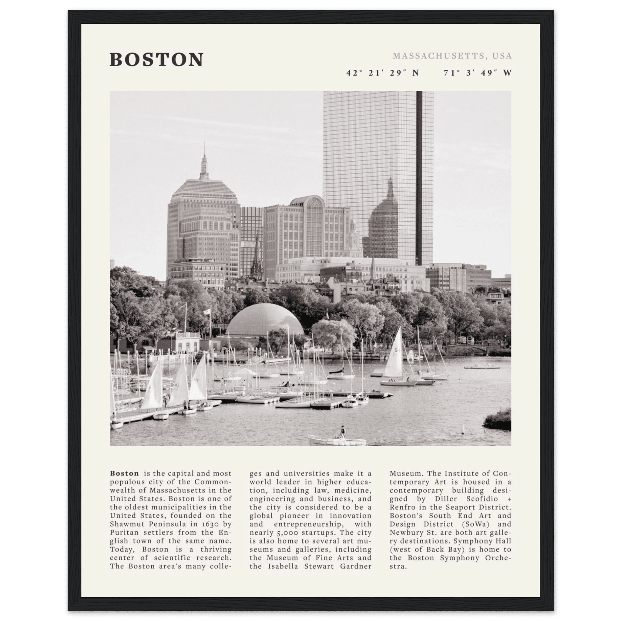 Boston Poster | Black & White Charles River Skyline Wall Art | Massachusetts Print - Evergreen Posters