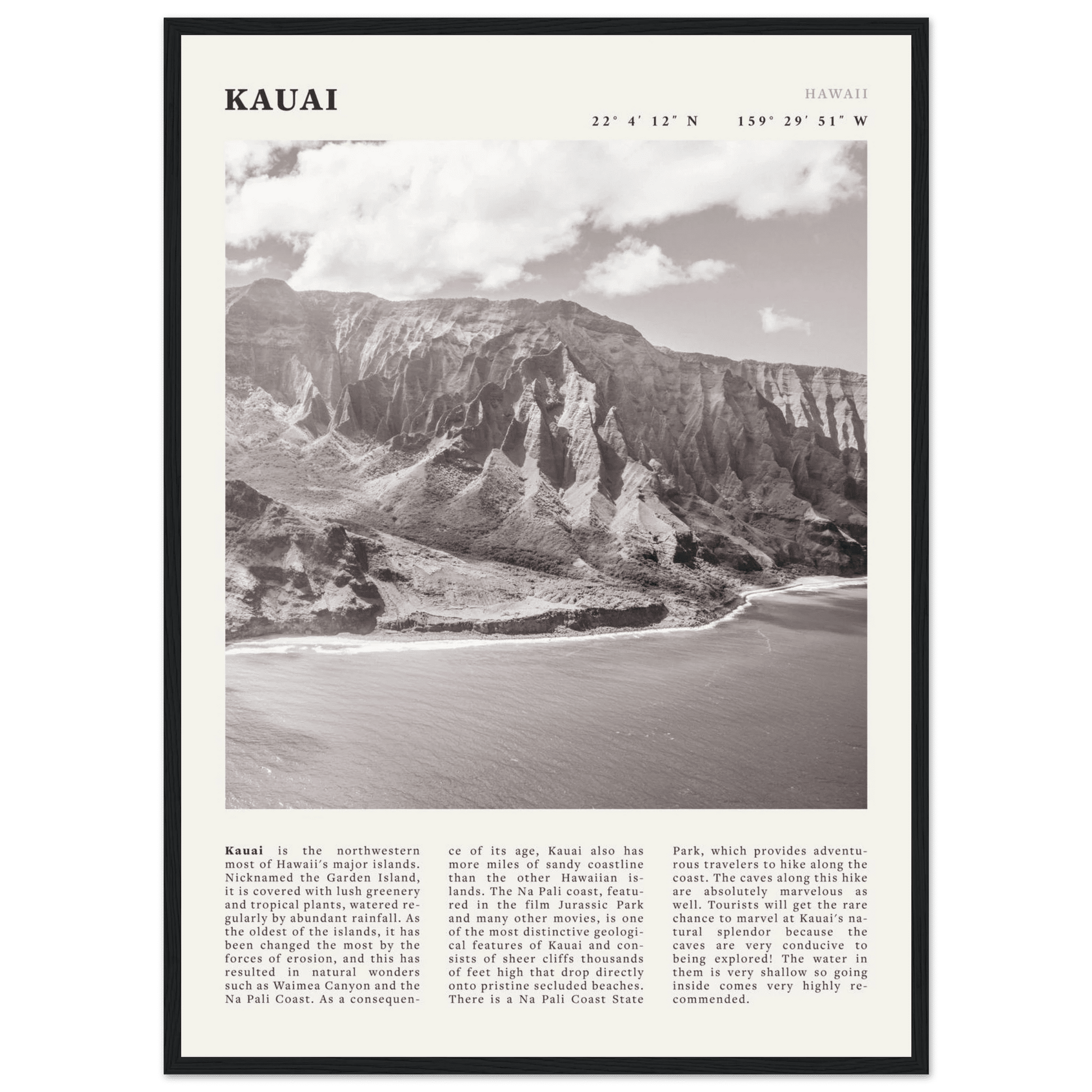 Kauai Poster | Black & White Na Pali Coast Wall Art | Hawaii Travel Print Decor - Evergreen Posters