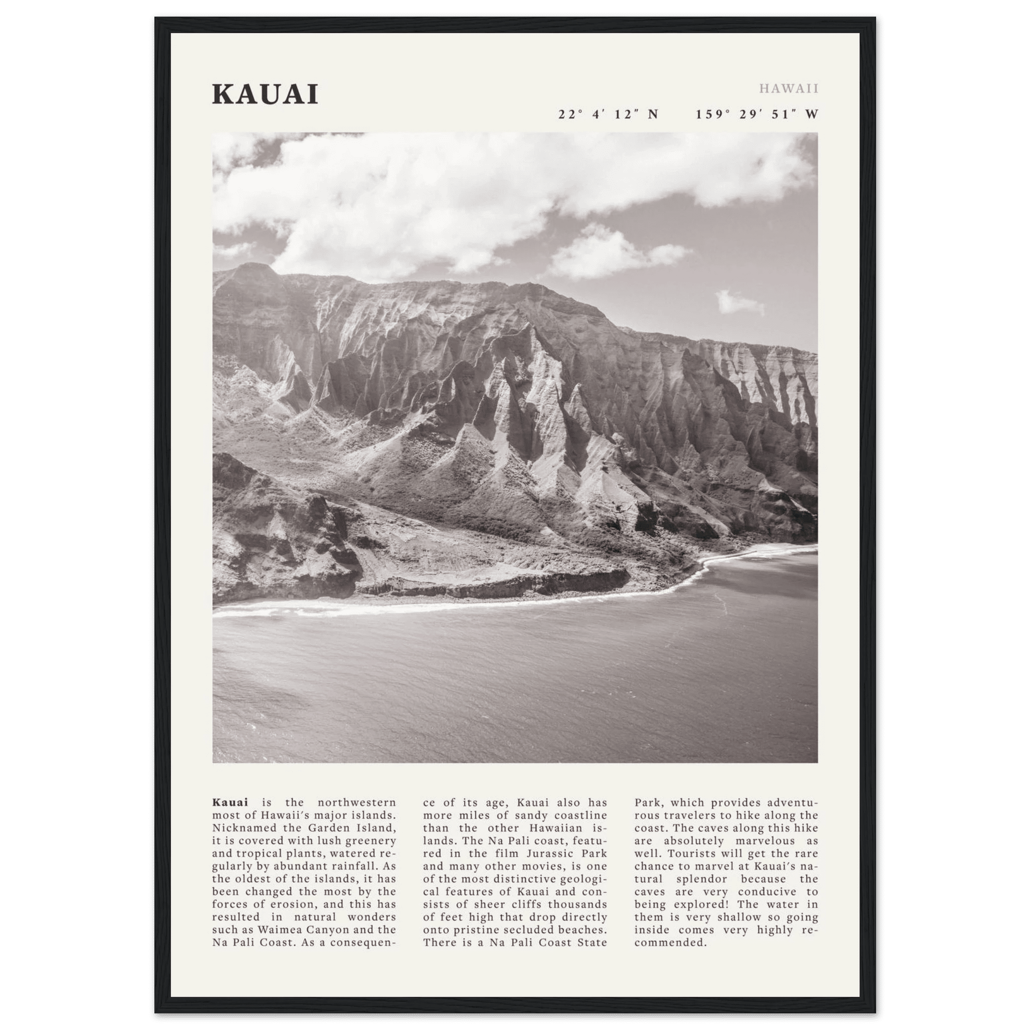 Kauai Poster | Black & White Na Pali Coast Wall Art | Hawaii Travel Print Decor - Evergreen Posters