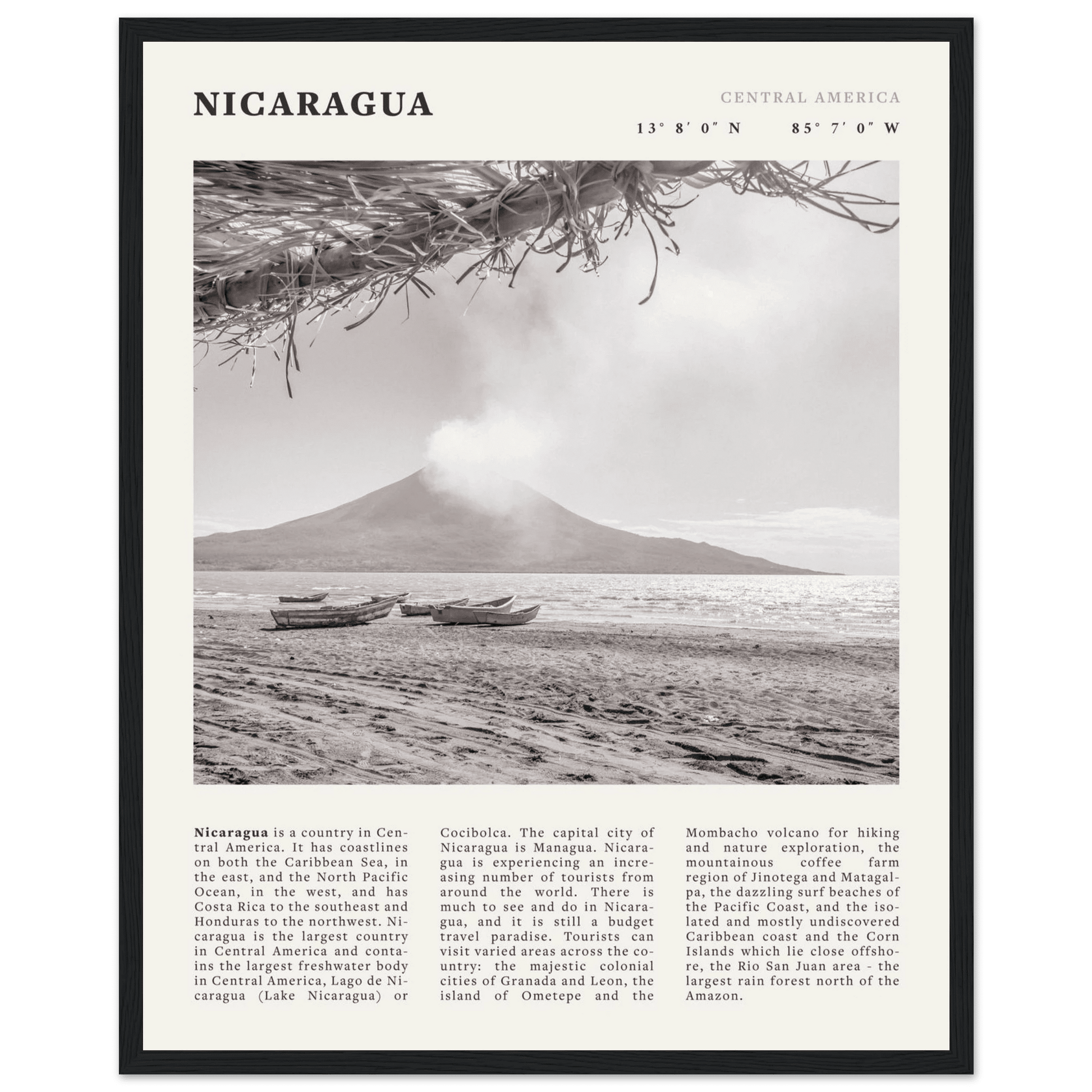 Nicaragua Poster | Black & White Volcano Wall Art | Central America Travel Print - Evergreen Posters