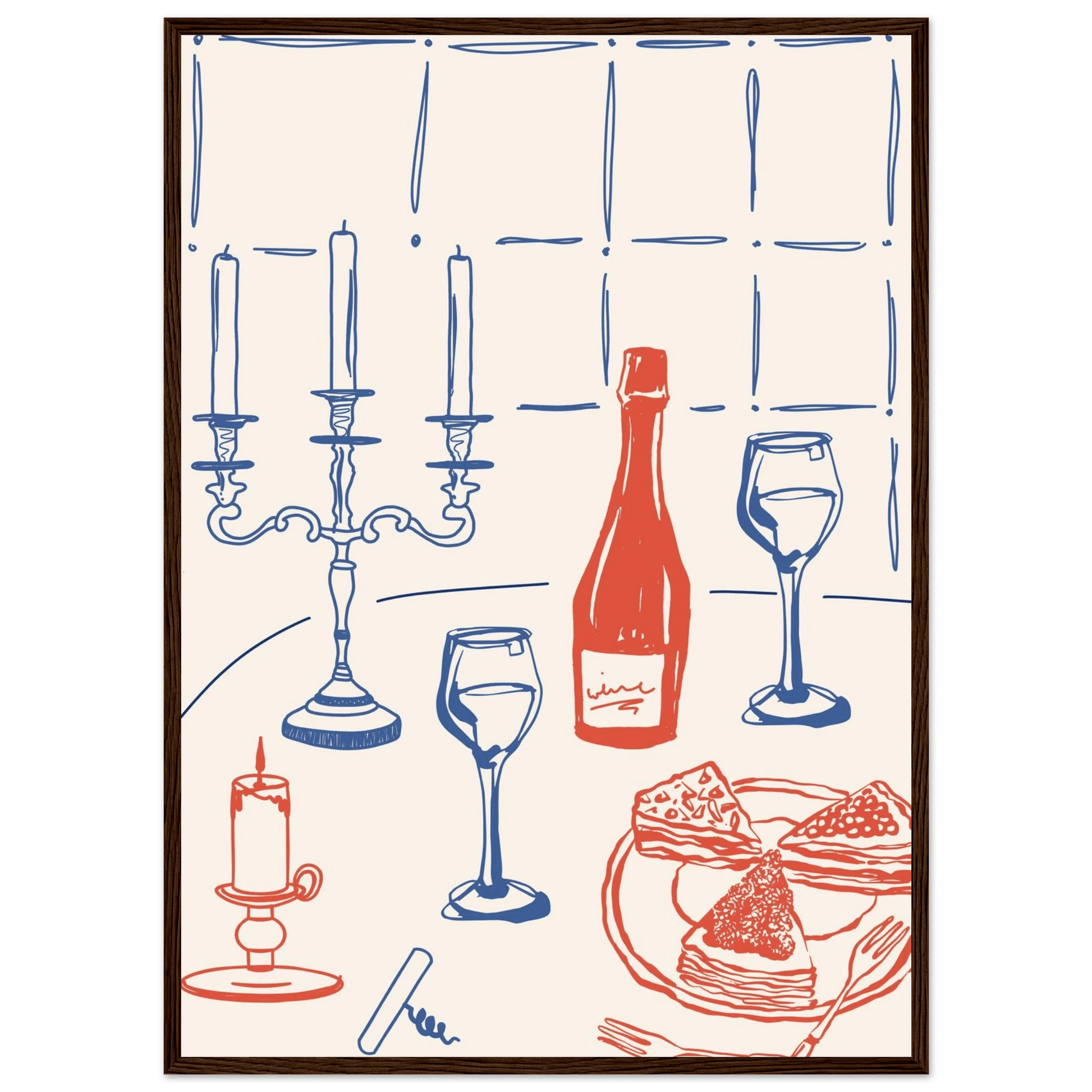 Candlelight Dinner Print | Wine & Candelabra Line Art Wall Art | Kitchen Poster - Evergreen Posters