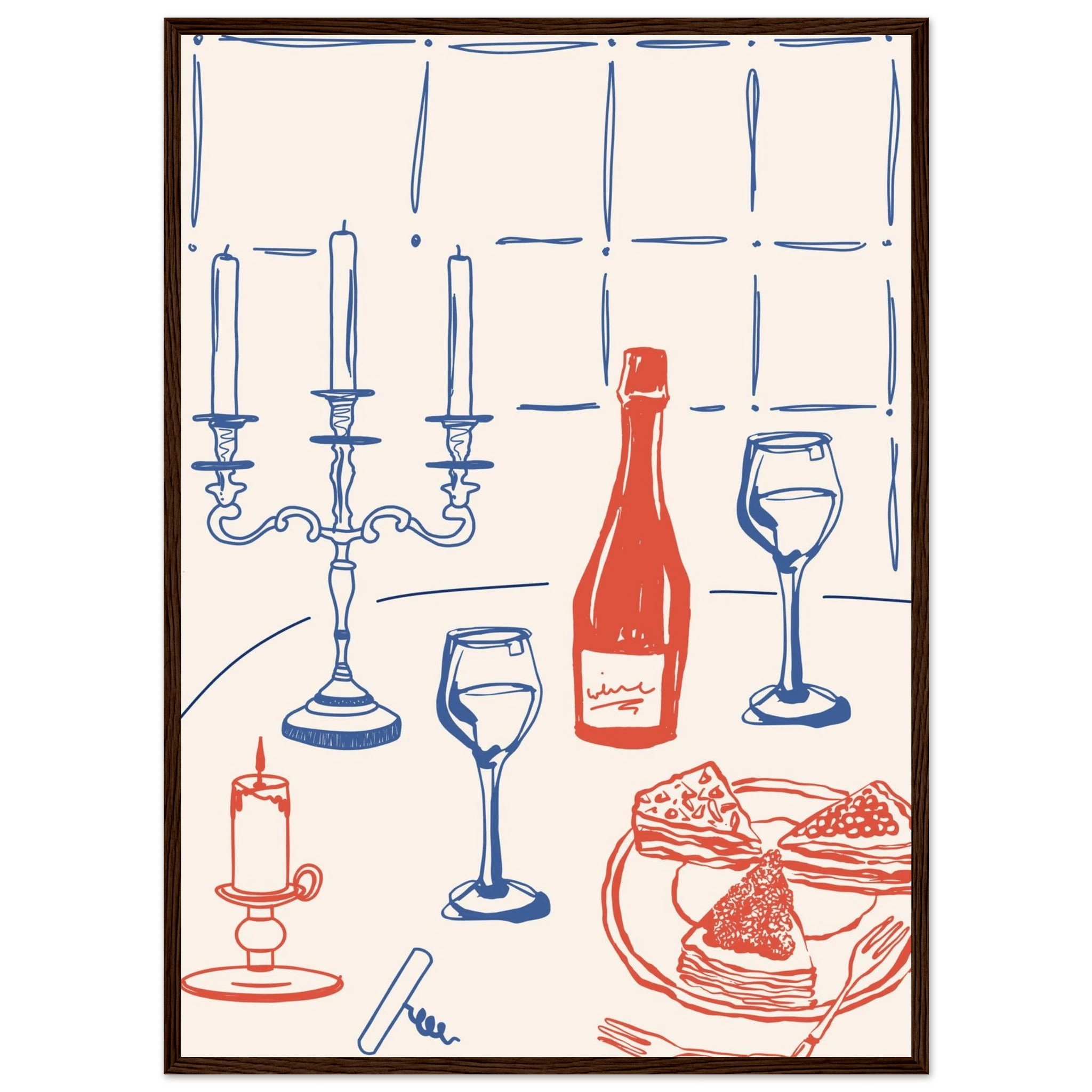 Candlelight Dinner Print | Wine & Candelabra Line Art Wall Art | Kitchen Poster - Evergreen Posters