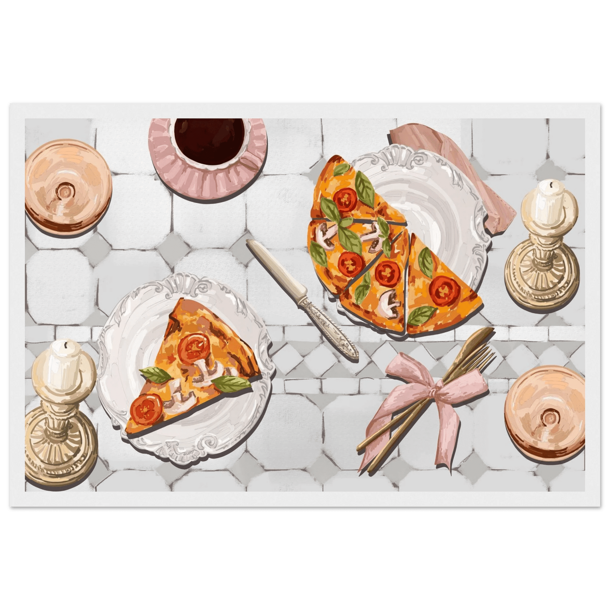 Pizza & Tea Kitchen Poster | Horizontal Food Wall Art | Italian Dining Room Print - Evergreen Posters