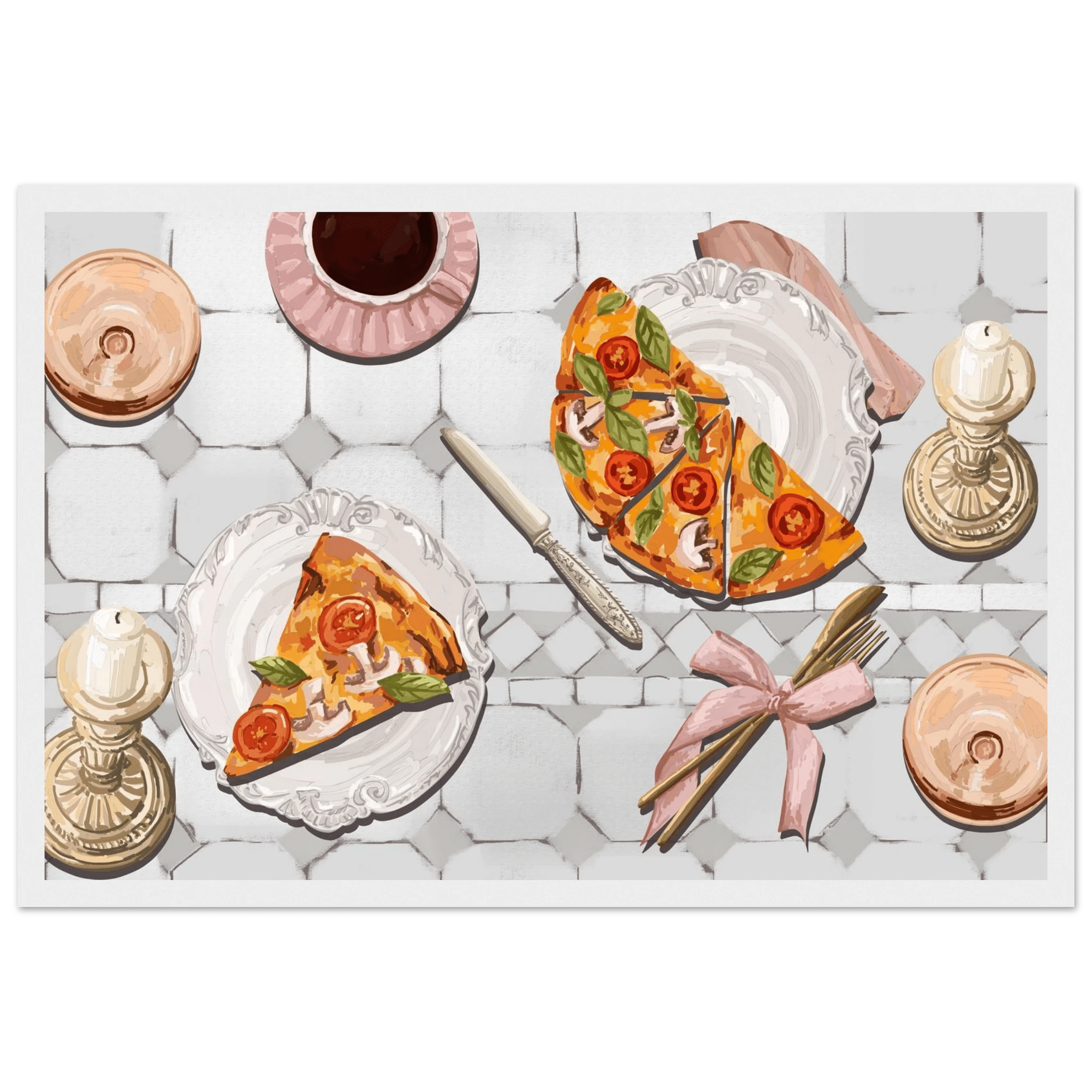 Pizza & Tea Kitchen Poster | Horizontal Food Wall Art | Italian Dining Room Print - Evergreen Posters