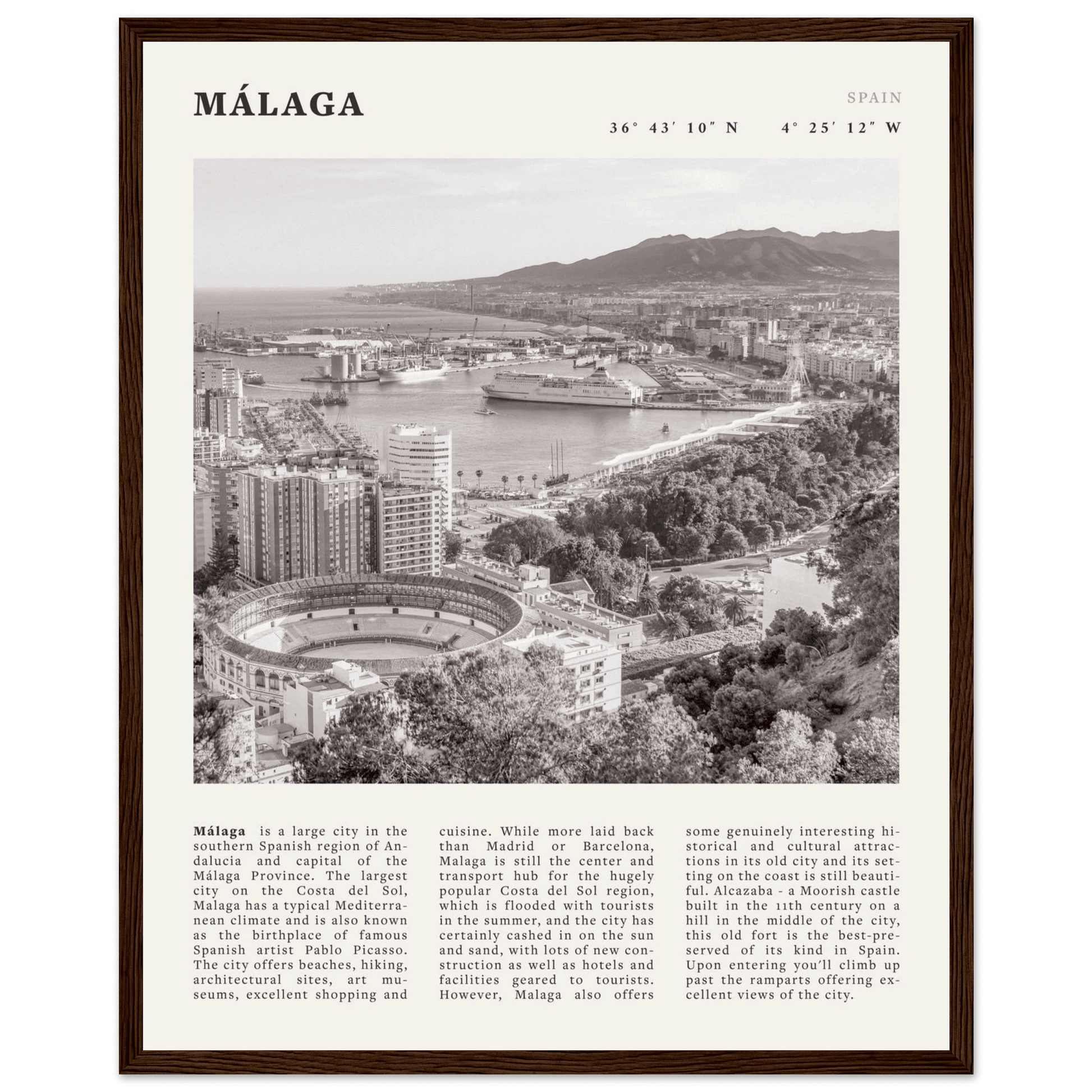 Málaga Poster | Black & White Costa del Sol Wall Art | Spain Travel Print - Evergreen Posters