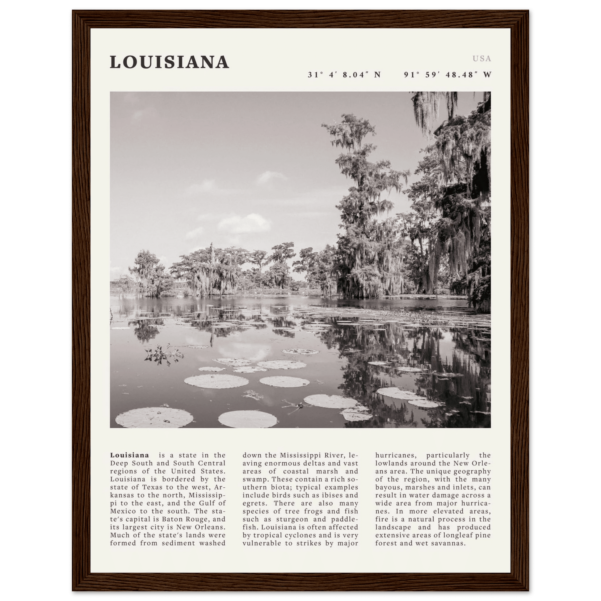 Louisiana Poster | Black & White Bayou Wall Art | Southern USA Travel Print Decor - Evergreen Posters