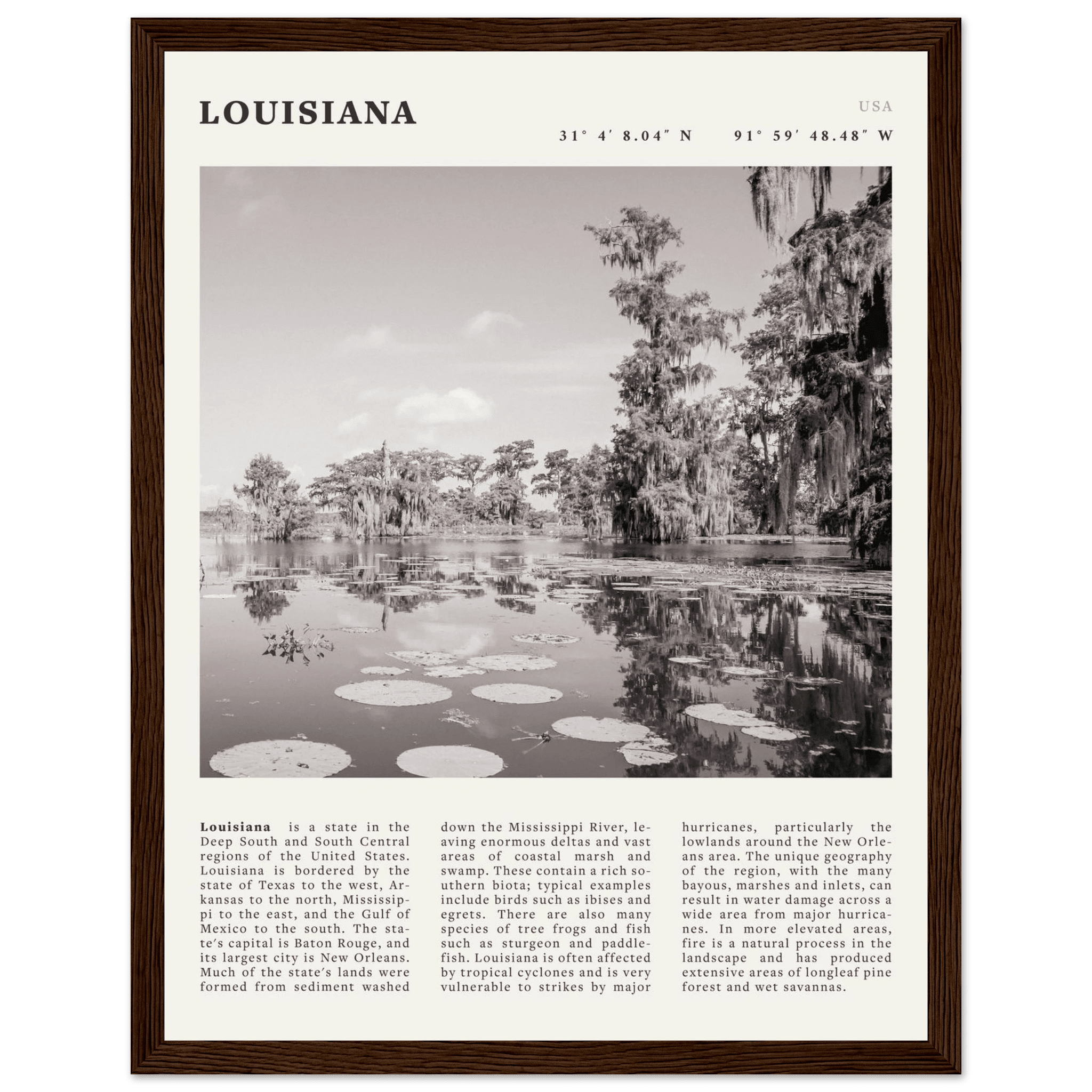 Louisiana Poster | Black & White Bayou Wall Art | Southern USA Travel Print Decor - Evergreen Posters