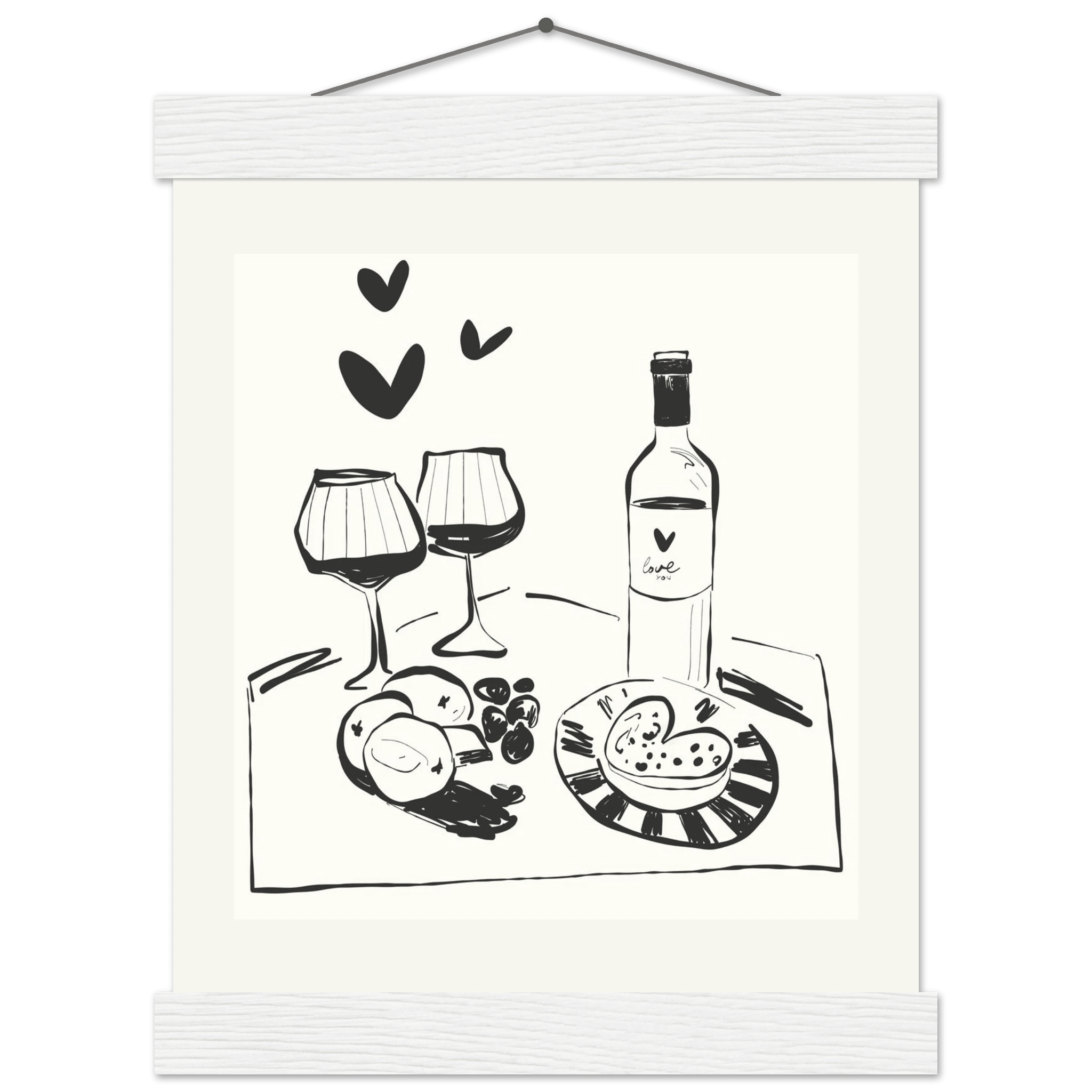 Wine for Two Print | Black Line Art Romantic Kitchen Wall Art | Couples Poster - Evergreen Posters