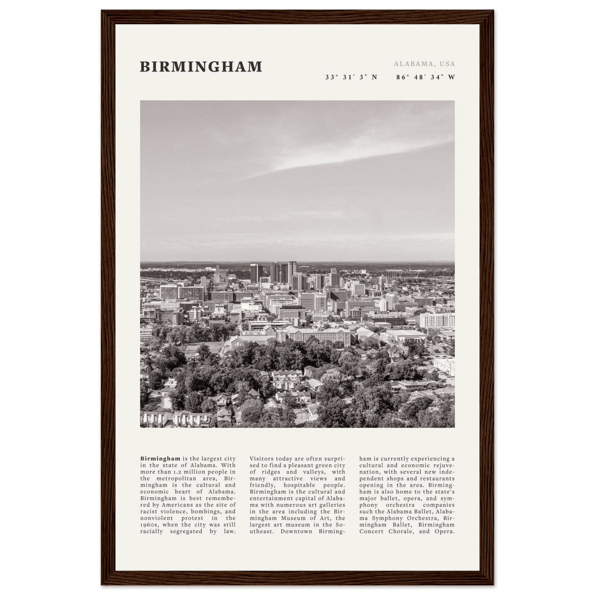 Birmingham Poster | Black & White Alabama Skyline Wall Art | AL Travel Print - Evergreen Posters