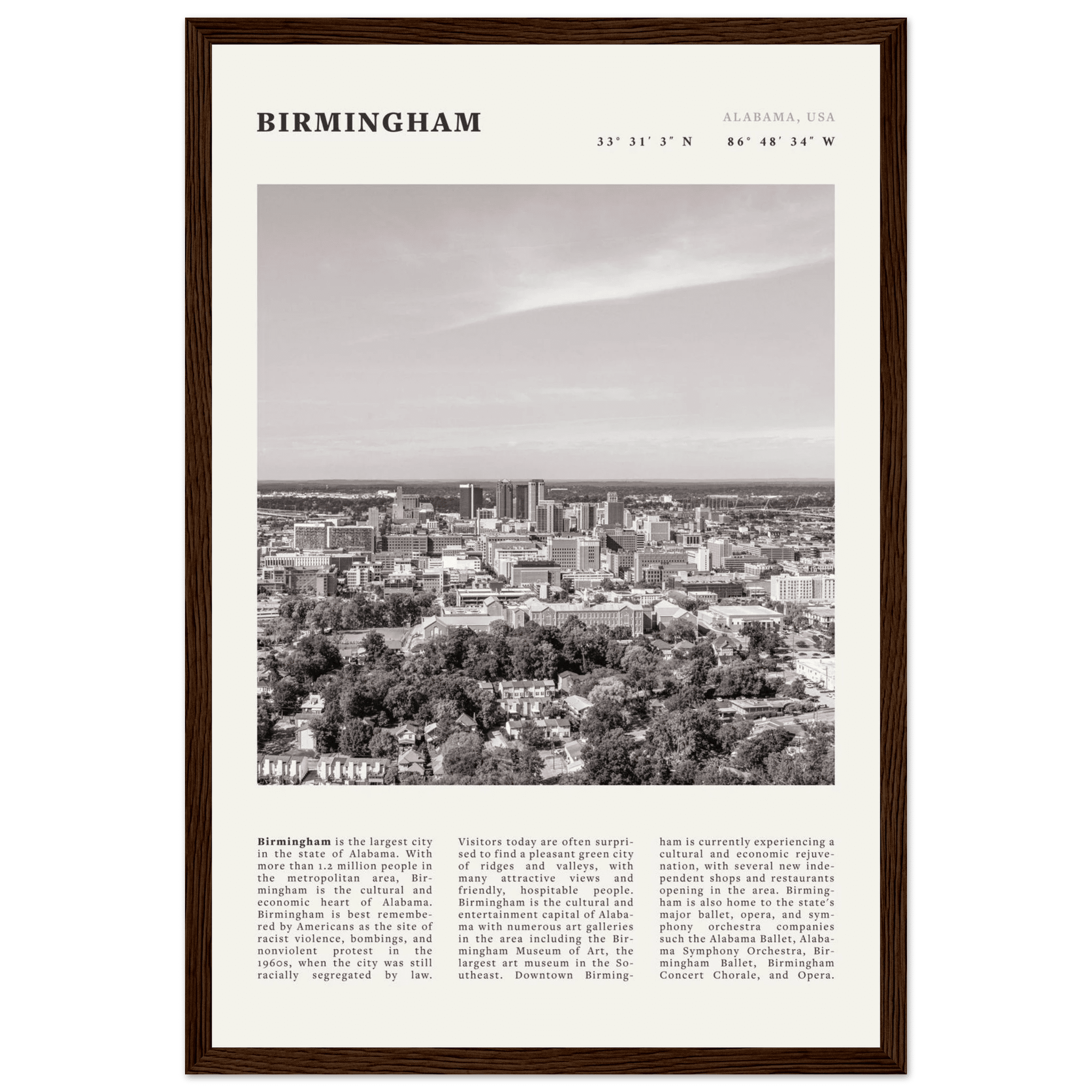 Birmingham Poster | Black & White Alabama Skyline Wall Art | AL Travel Print - Evergreen Posters