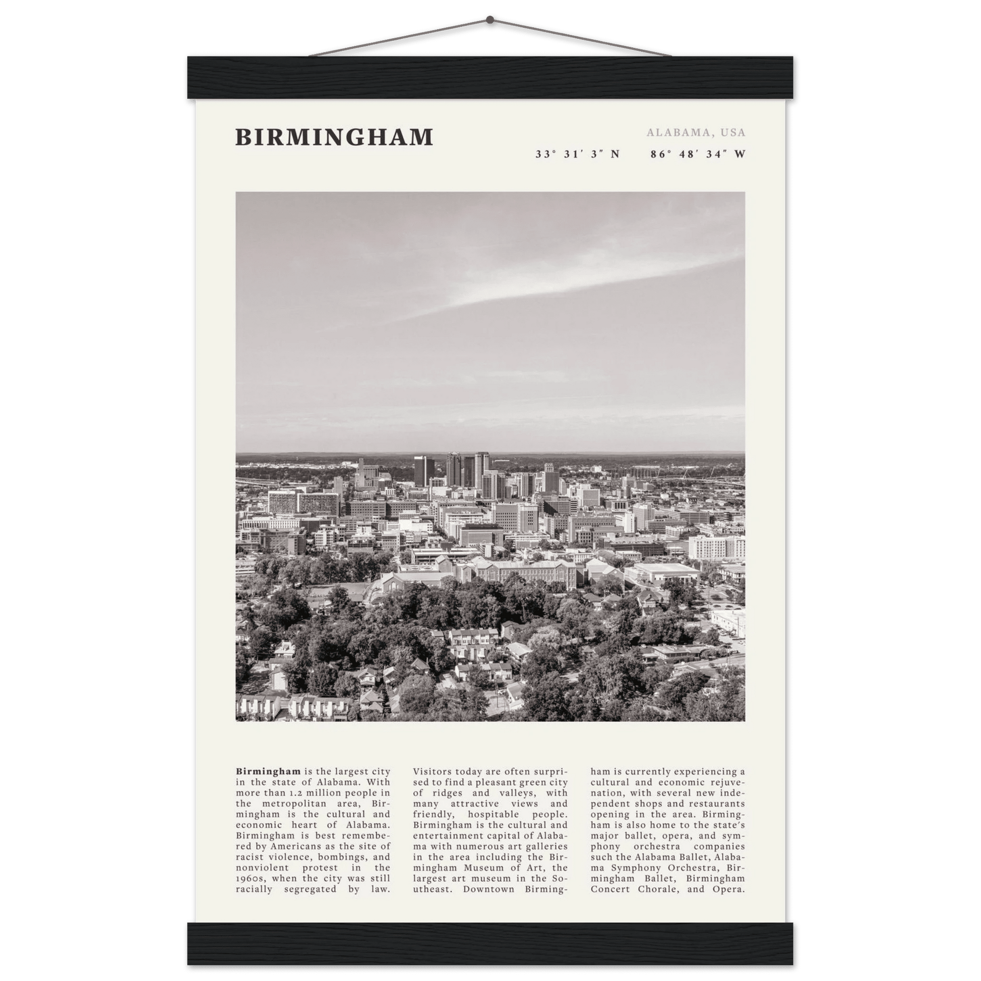 Birmingham Poster | Black & White Alabama Skyline Wall Art | AL Travel Print - Evergreen Posters
