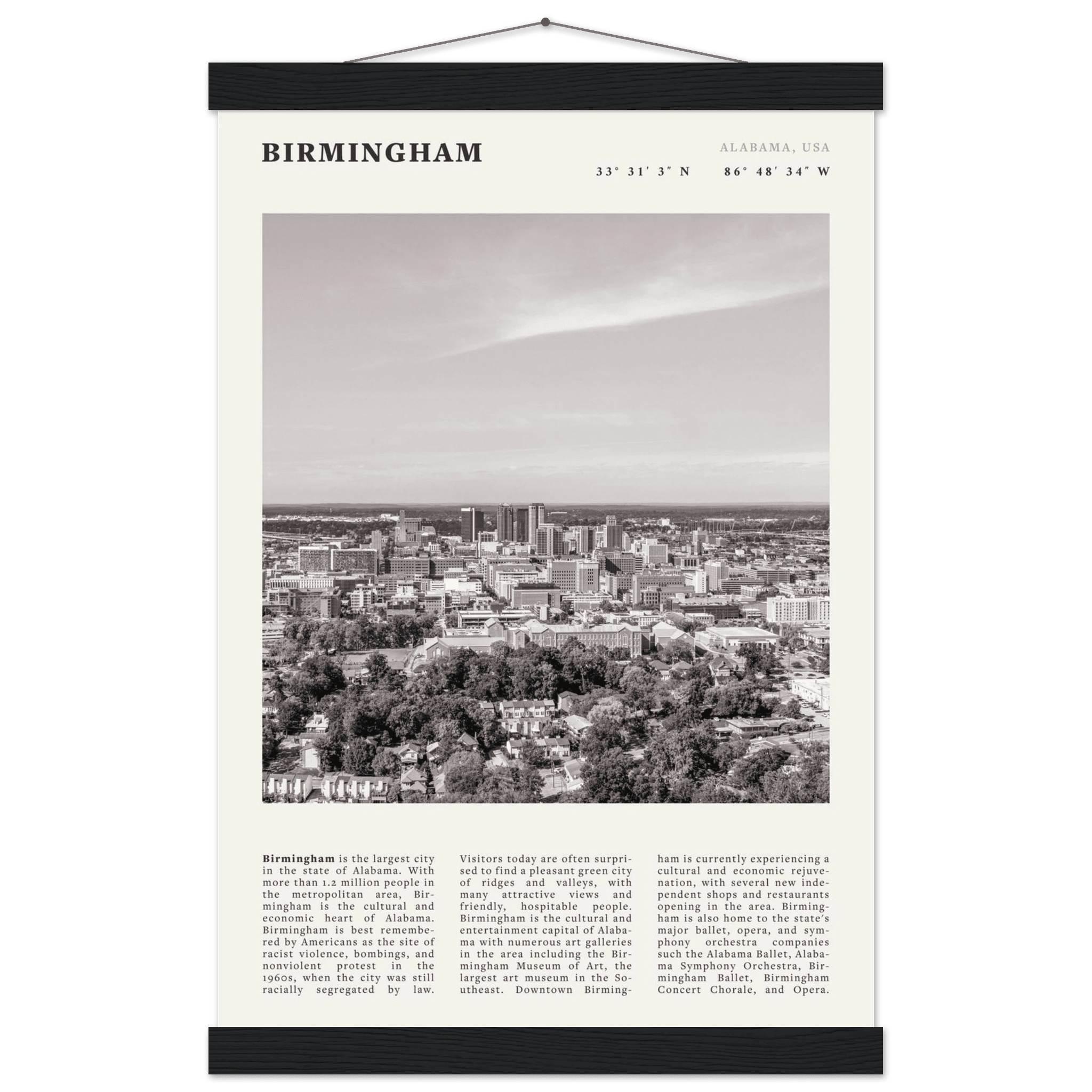 Birmingham Poster | Black & White Alabama Skyline Wall Art | AL Travel Print - Evergreen Posters