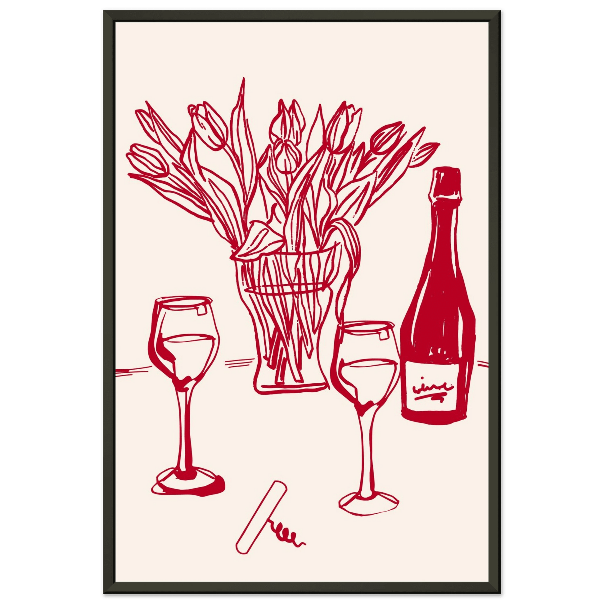 Red Wine & Tulips Print | Line Art Wine Bottle Wall Art | Kitchen Poster - Evergreen Posters