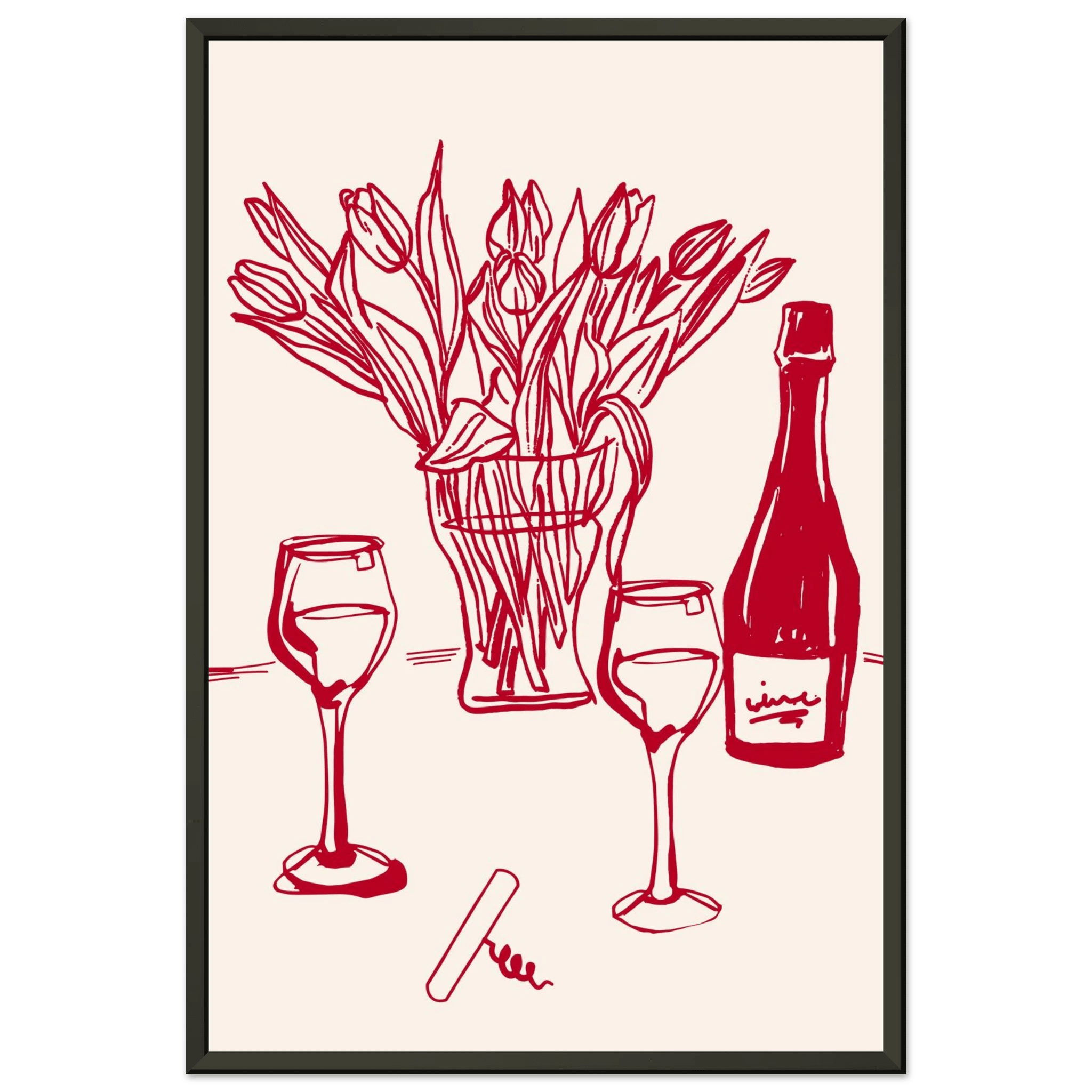 Red Wine & Tulips Print | Line Art Wine Bottle Wall Art | Kitchen Poster - Evergreen Posters