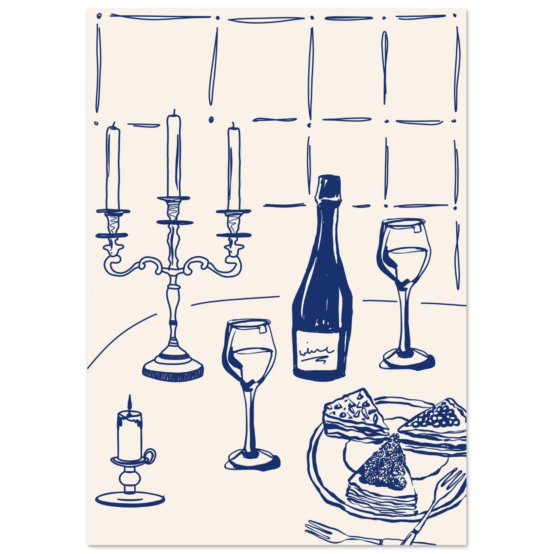 Candlelight Dinner Print | Navy Blue Wine & Candelabra Line Art | Kitchen Poster - Evergreen Posters