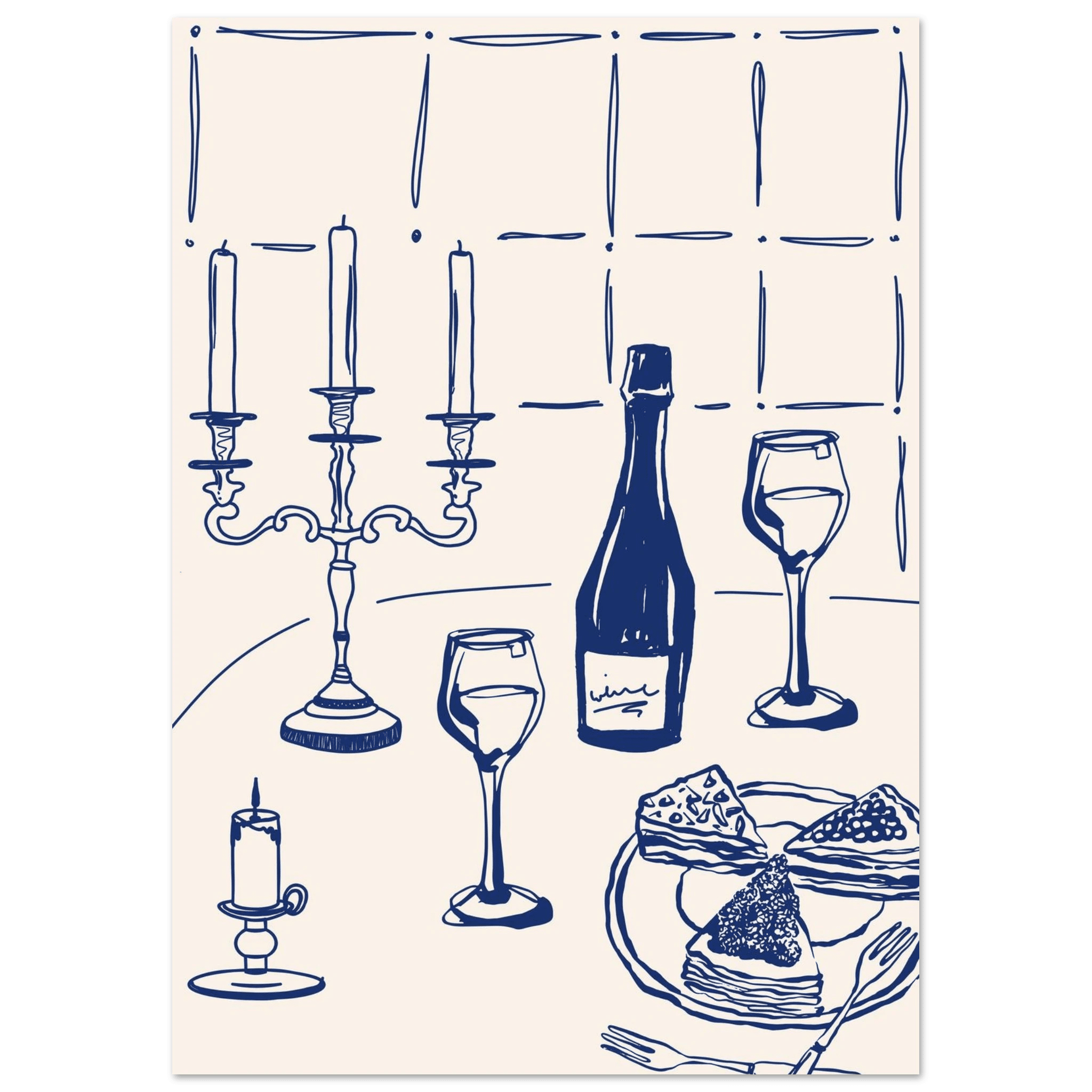 Candlelight Dinner Print | Navy Blue Wine & Candelabra Line Art | Kitchen Poster - Evergreen Posters