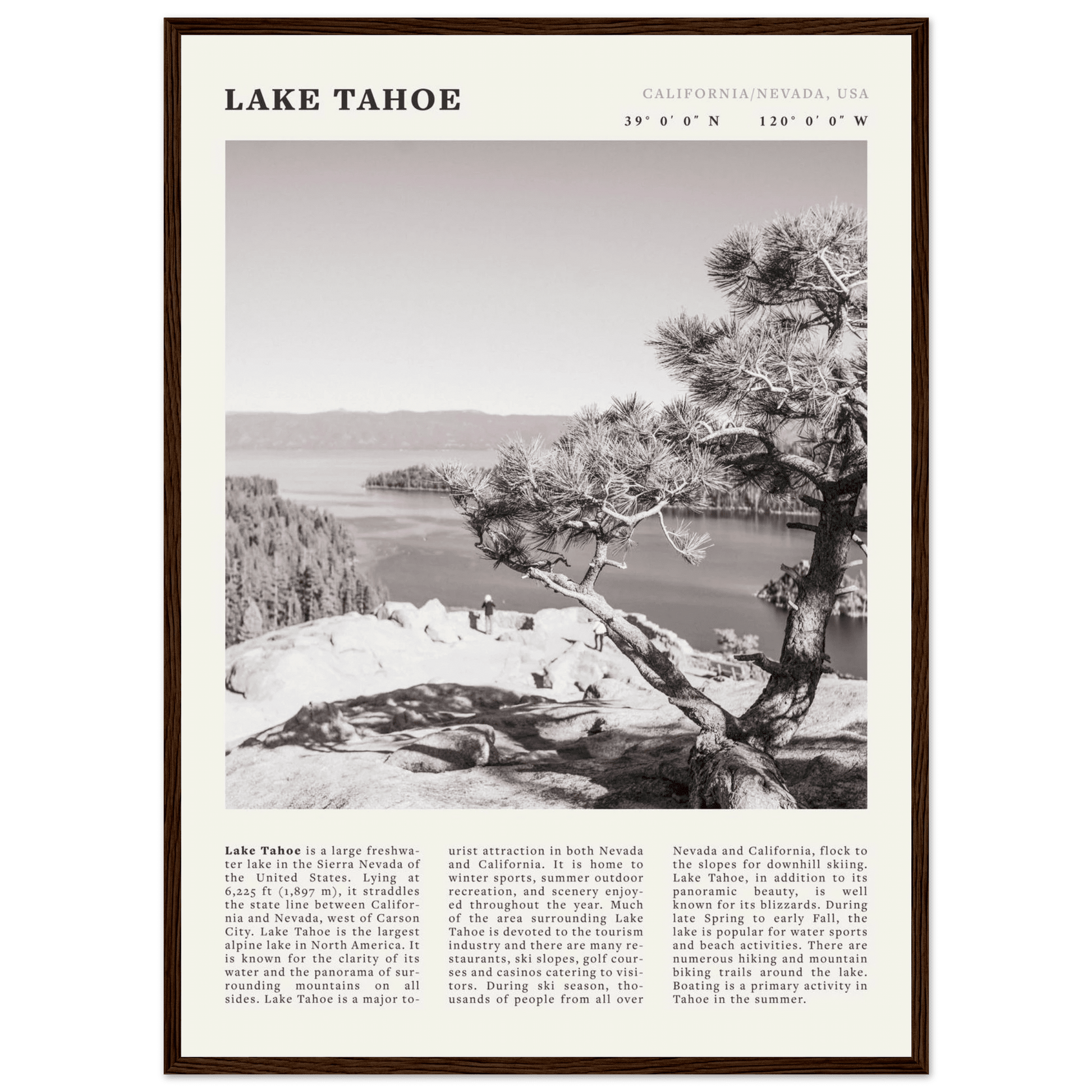 Lake Tahoe Poster | Black & White California Nevada Wall Art | Nature Travel Print Decor - Evergreen Posters