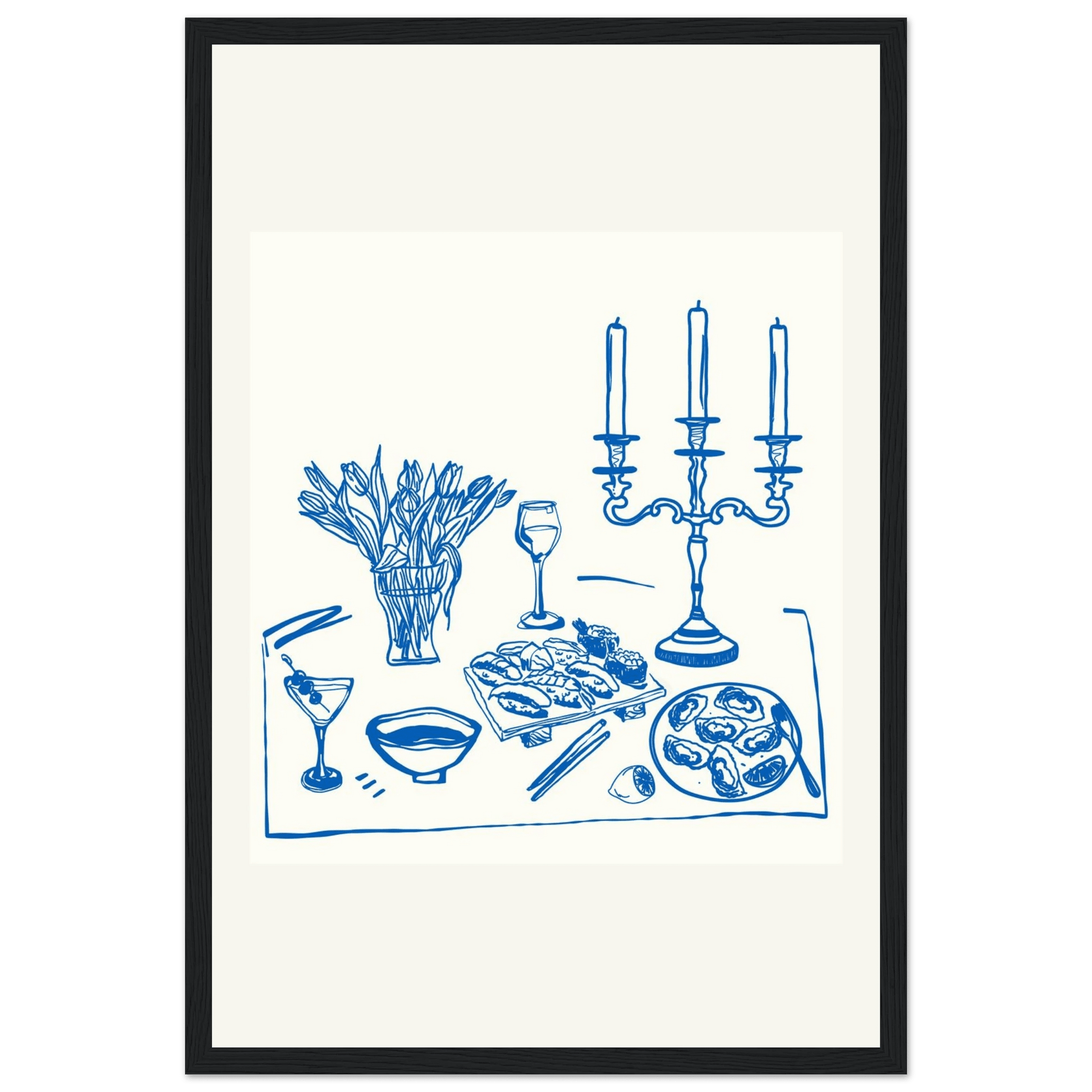 Fine Dining Table Print | Blue Line Art Kitchen Wall Art | Elegant Dining Room Poster - Evergreen Posters
