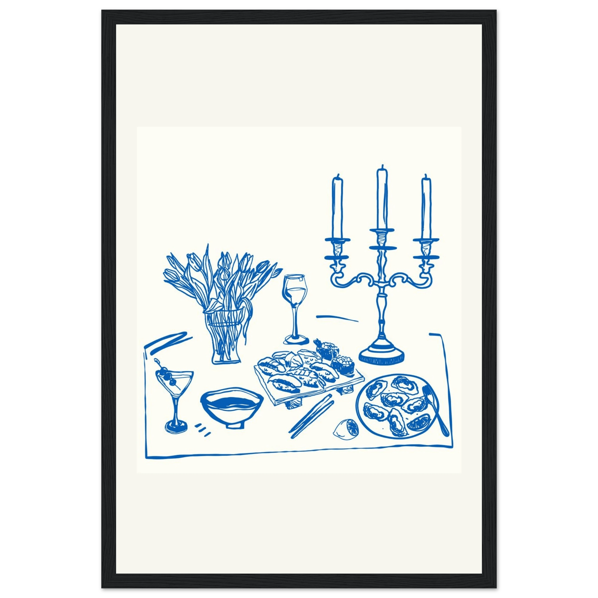 Fine Dining Table Print | Blue Line Art Kitchen Wall Art | Elegant Dining Room Poster - Evergreen Posters