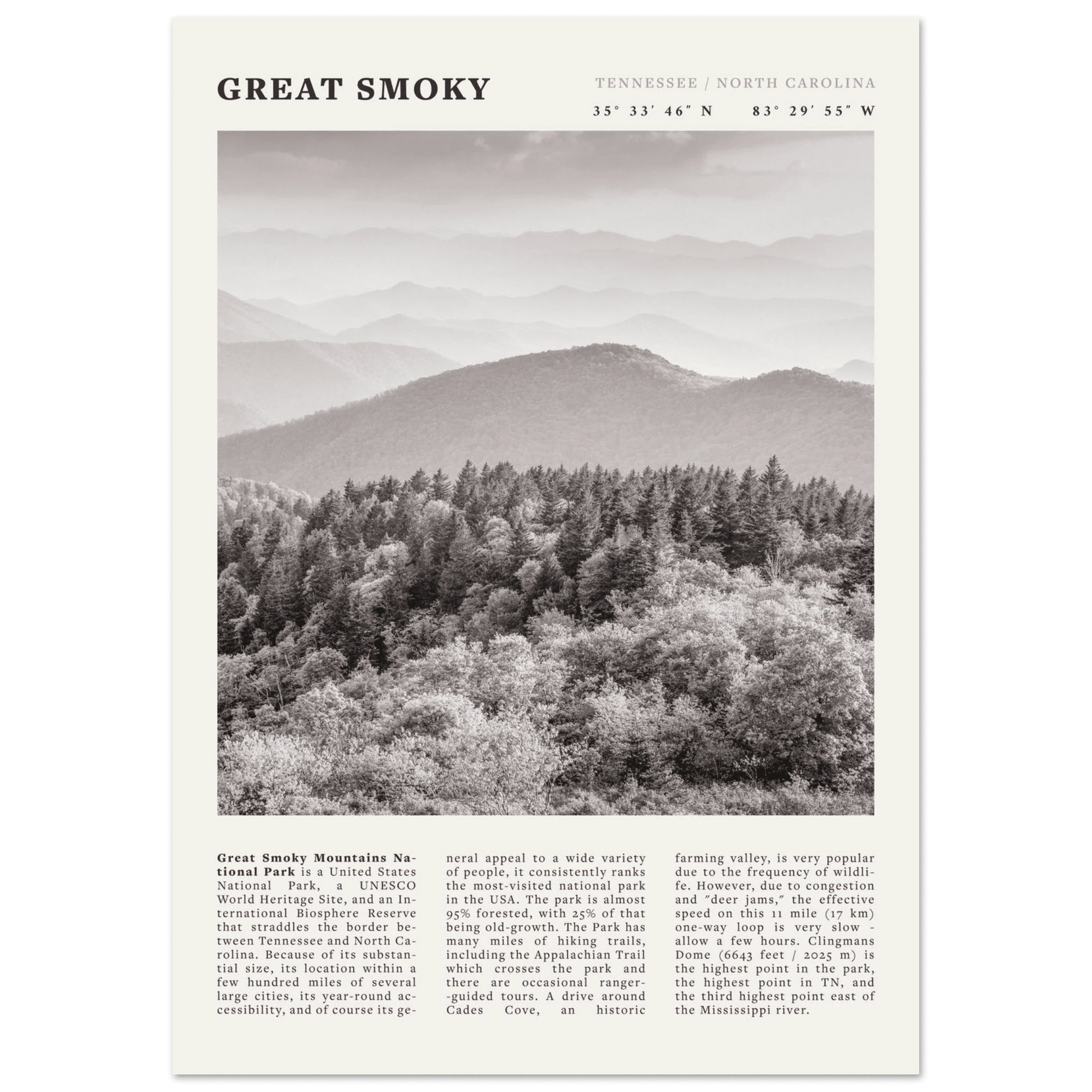 Great Smoky Mountains Poster | Black & White National Park Wall Art | Tennessee Print - Evergreen Posters