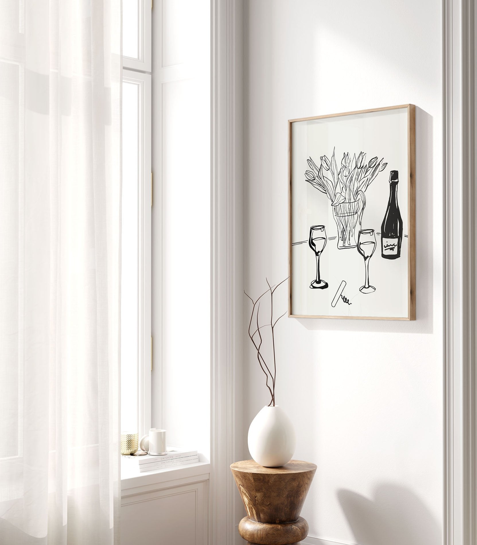 Wine & Tulips Print | Black Line Art Wine Bottle Wall Art | Minimalist Kitchen Poster - Evergreen Posters