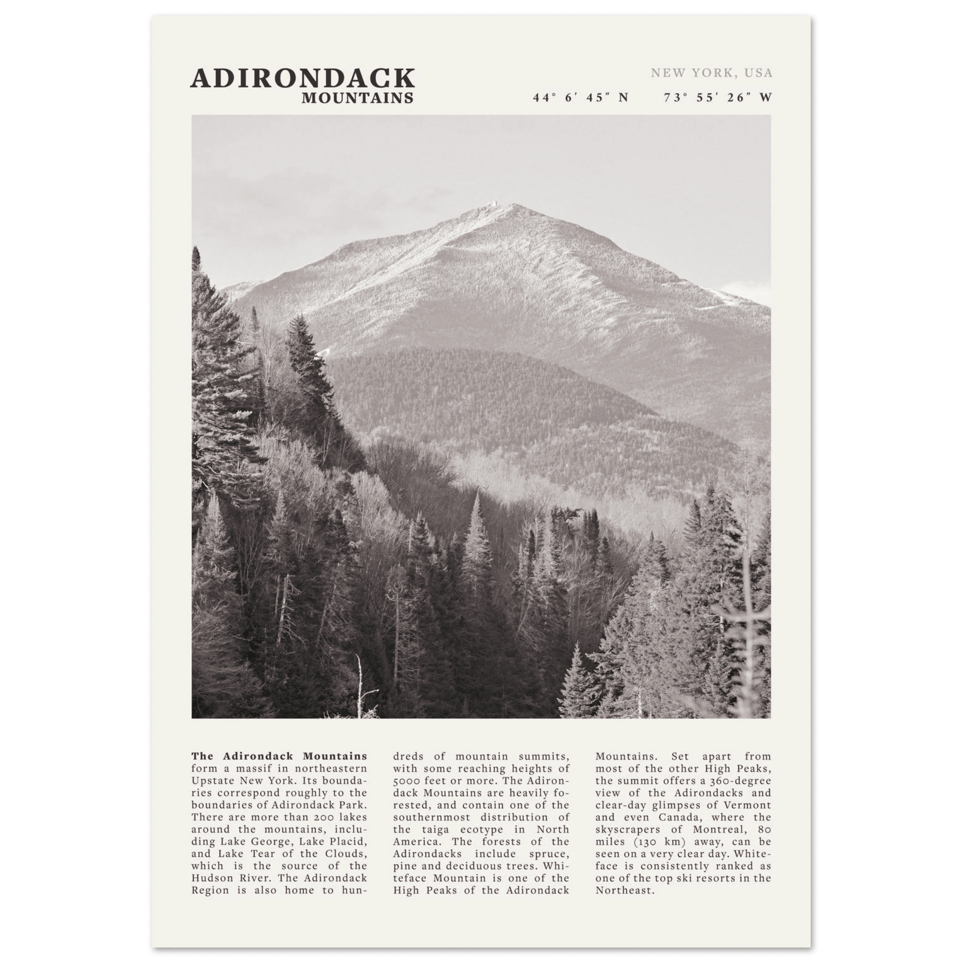 Adirondack Mountains Poster | Black & White New York Nature Wall Art | Hiking Print - Evergreen Posters