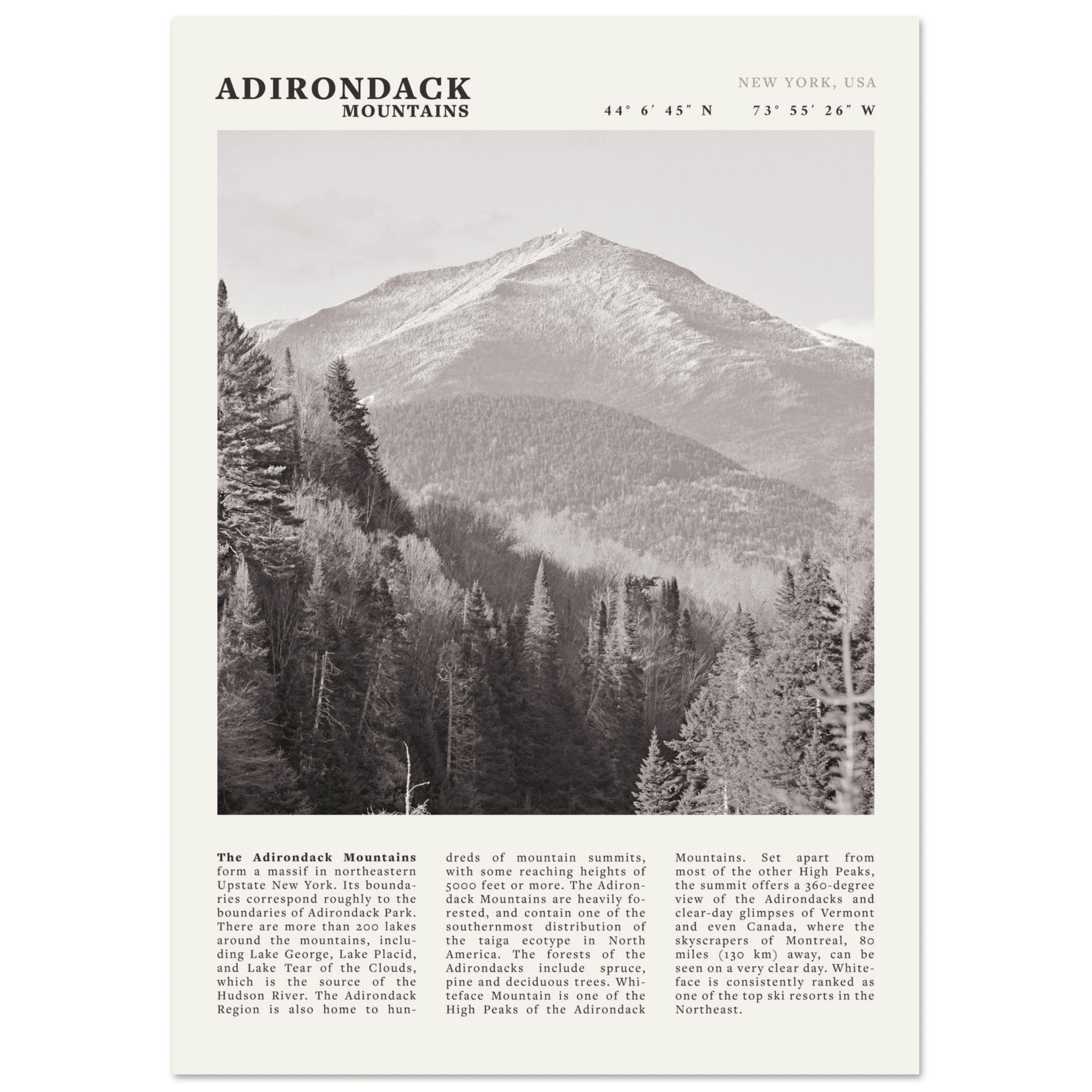 Adirondack Mountains Poster | Black & White New York Nature Wall Art | Hiking Print - Evergreen Posters
