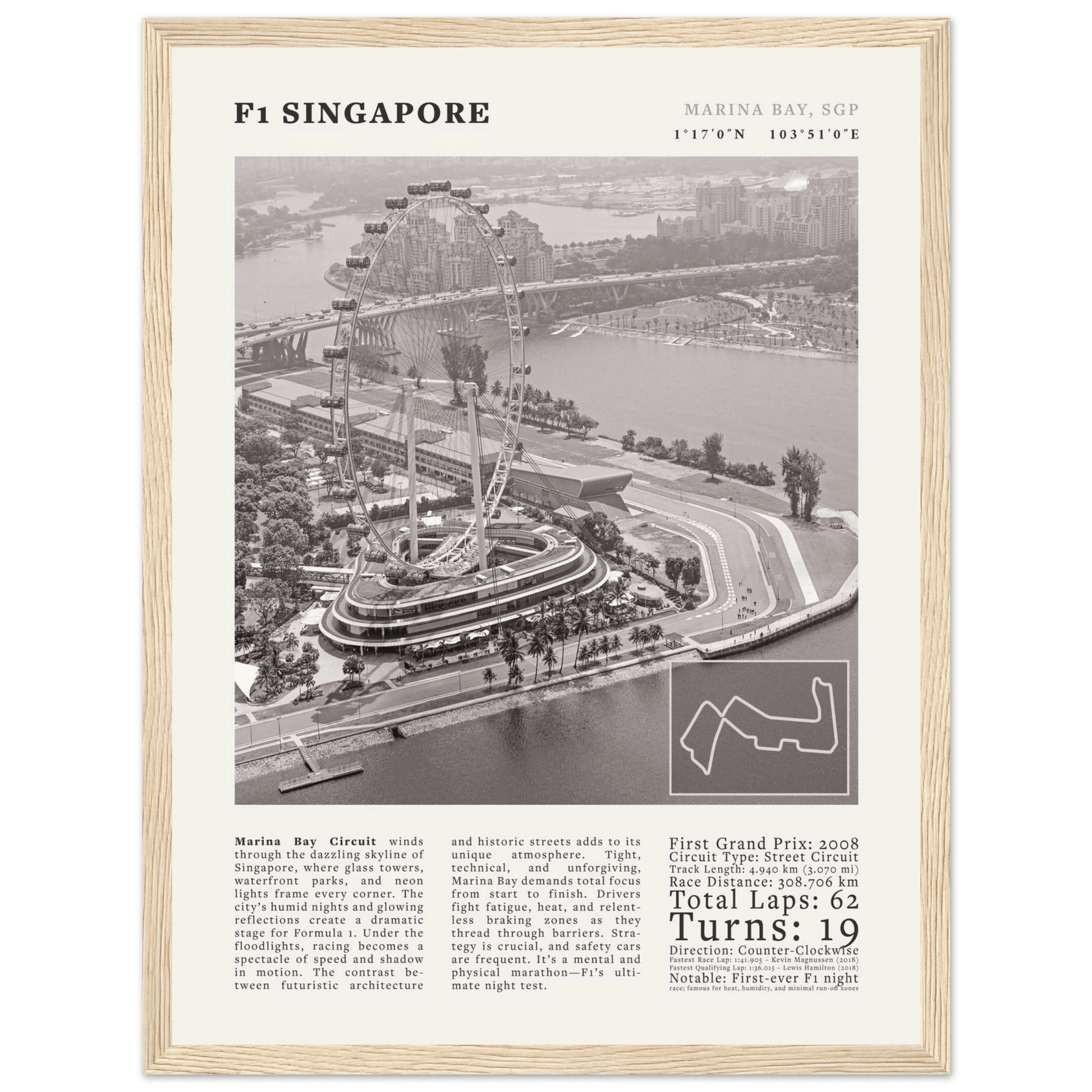 F1 Singapore Poster Black and White – Vintage Marina Bay Night Race Print (Digital & Printed Options) - Evergreen Posters