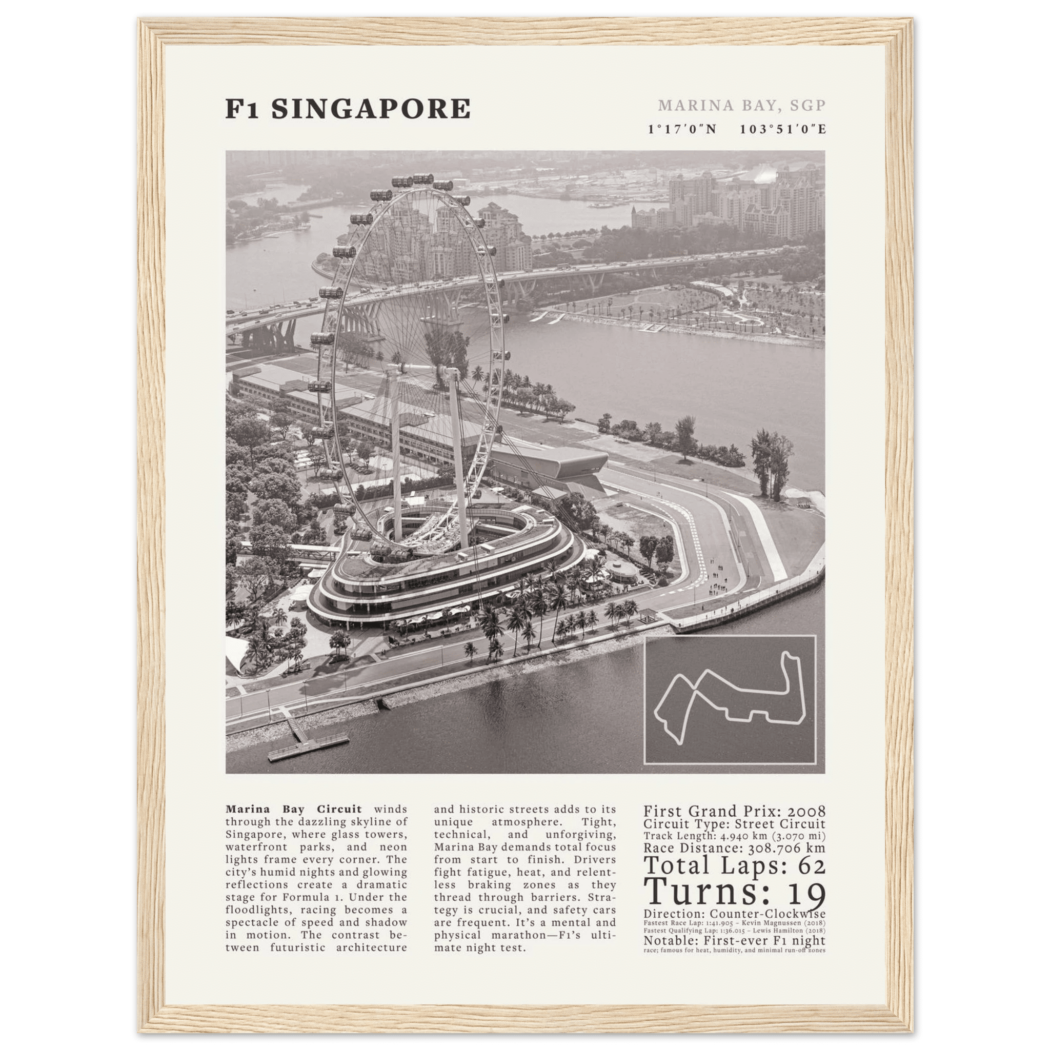 F1 Singapore Poster Black and White – Vintage Marina Bay Night Race Print (Digital & Printed Options) - Evergreen Posters
