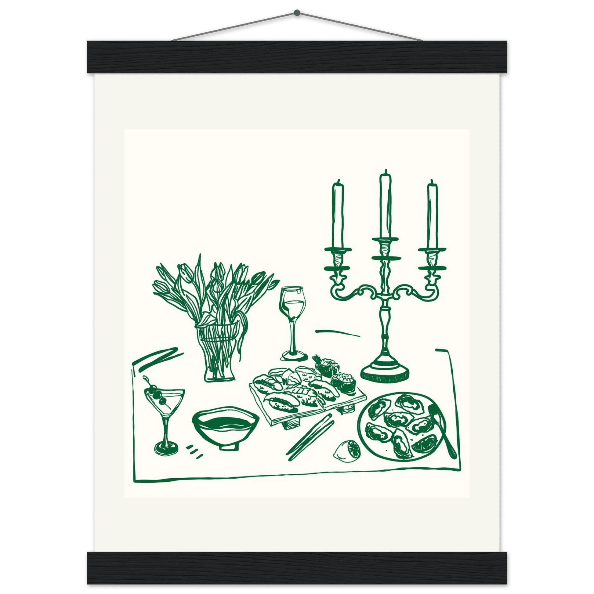Fine Dining Table Print | Green Line Art Kitchen Wall Art | Elegant Dining Room Poster - Evergreen Posters