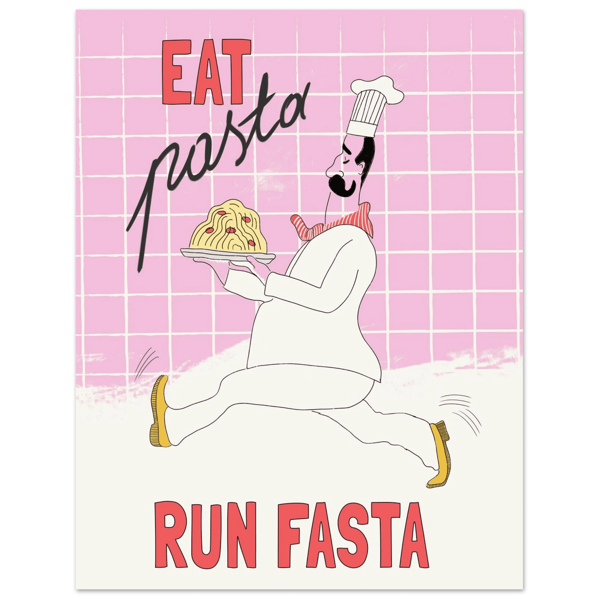 Eat Pasta Run Fasta Poster – Playful Kitchen Wall Art Print (Light Pink) - Evergreen Posters