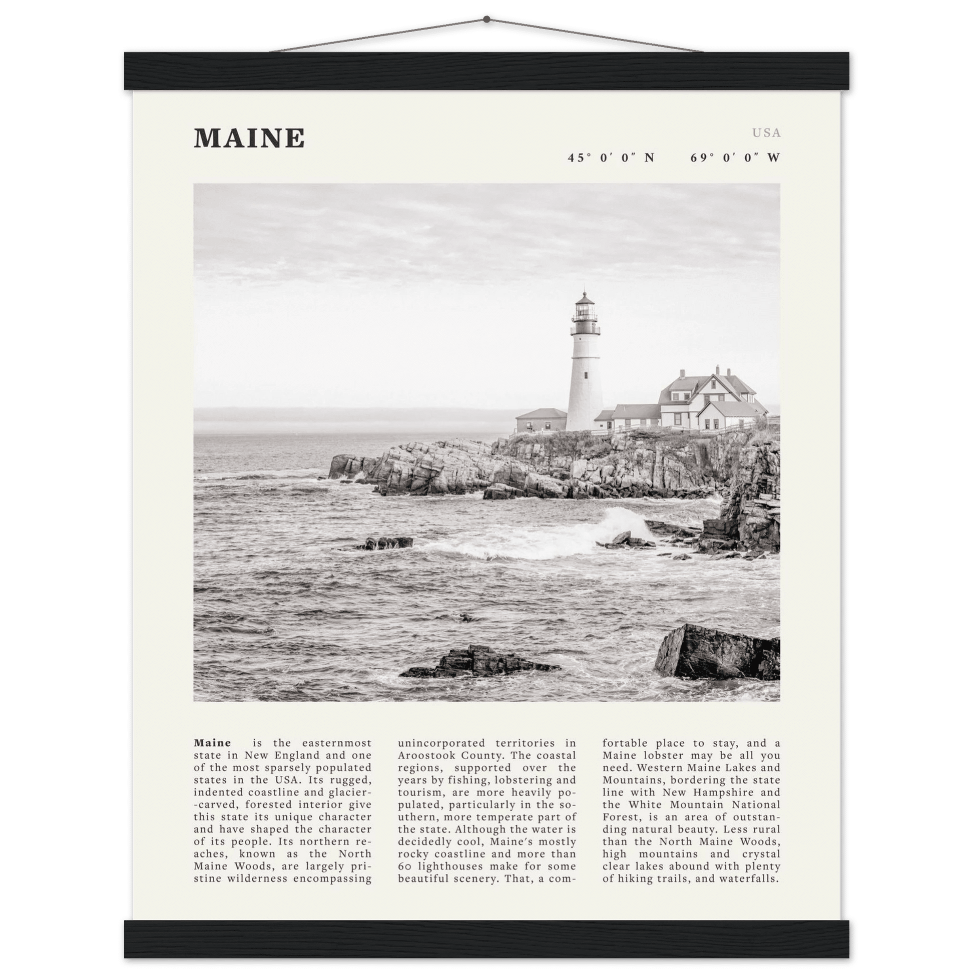 Maine Poster | Black & White Lighthouse Wall Art | New England Coastal Travel Print - Evergreen Posters