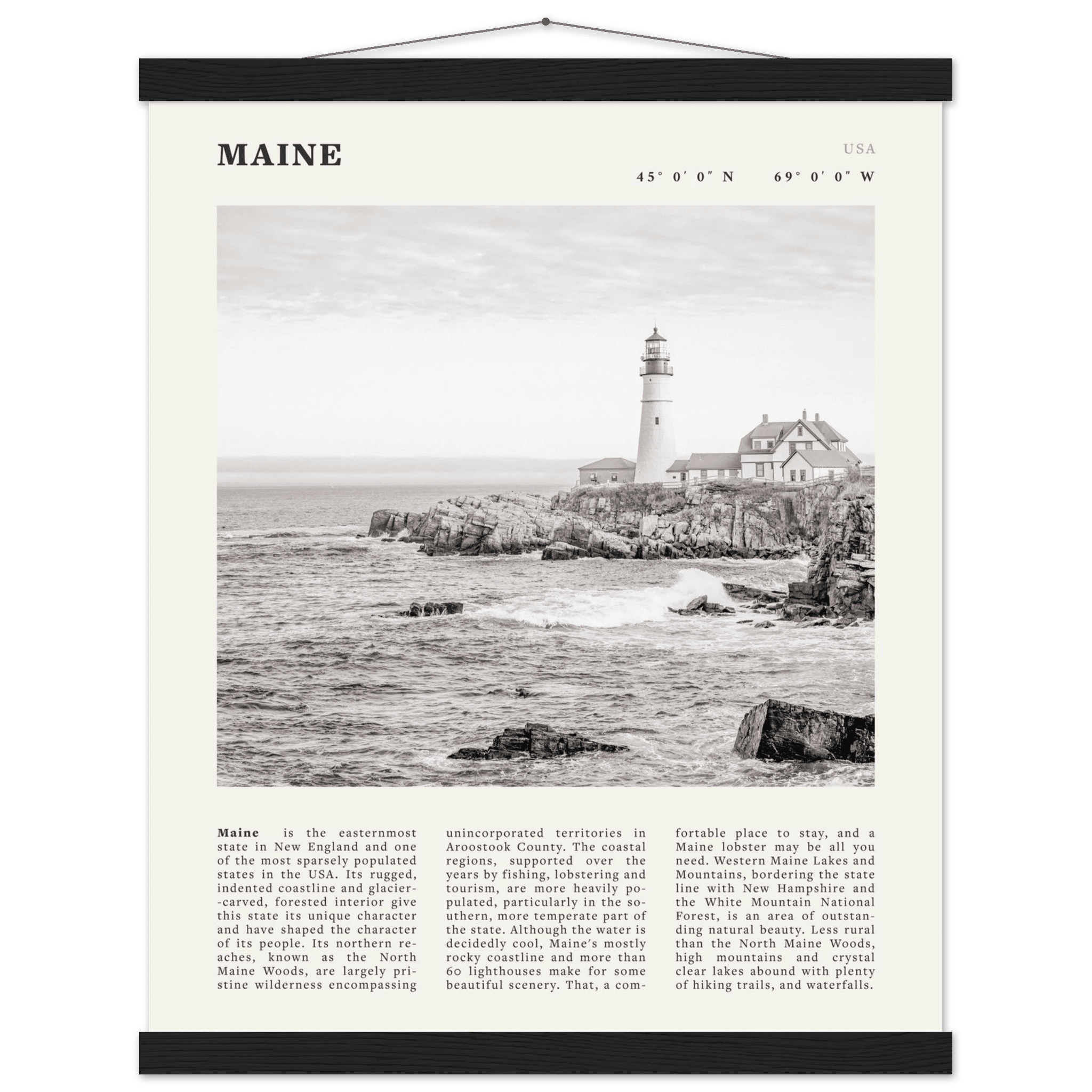 Maine Poster | Black & White Lighthouse Wall Art | New England Coastal Travel Print - Evergreen Posters