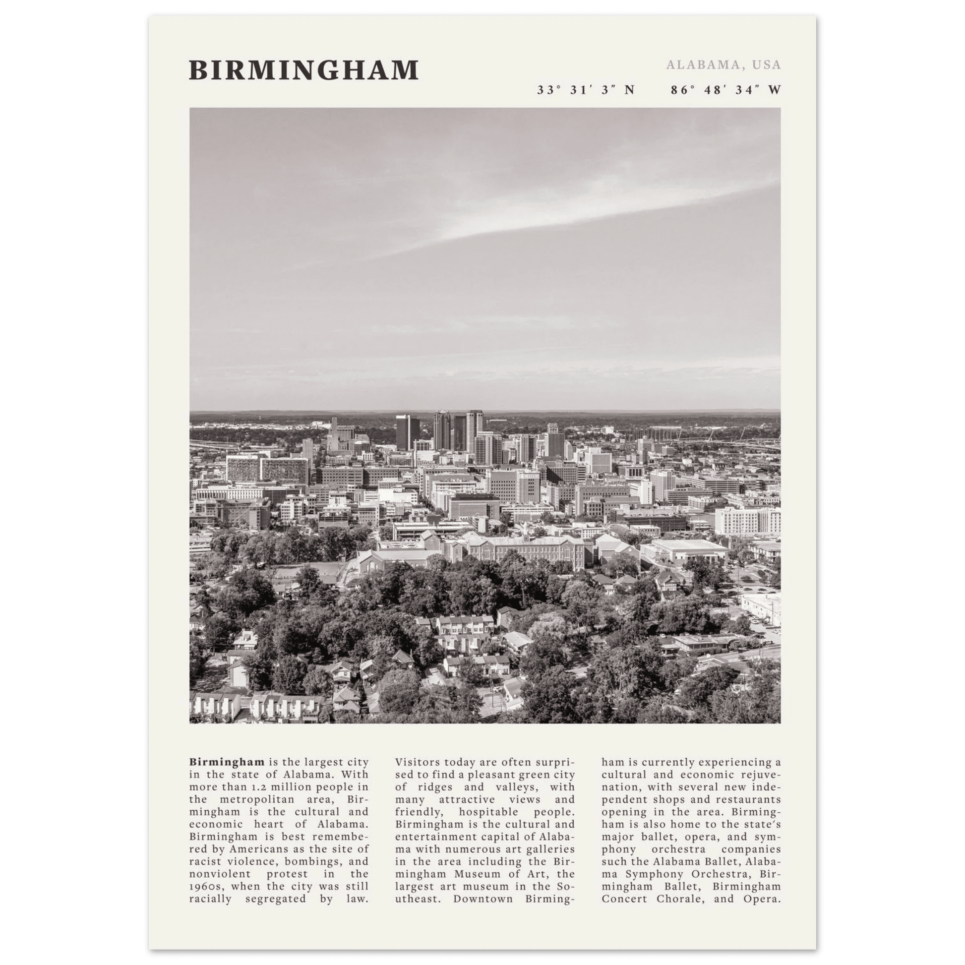 Birmingham Poster | Black & White Alabama Skyline Wall Art | AL Travel Print - Evergreen Posters