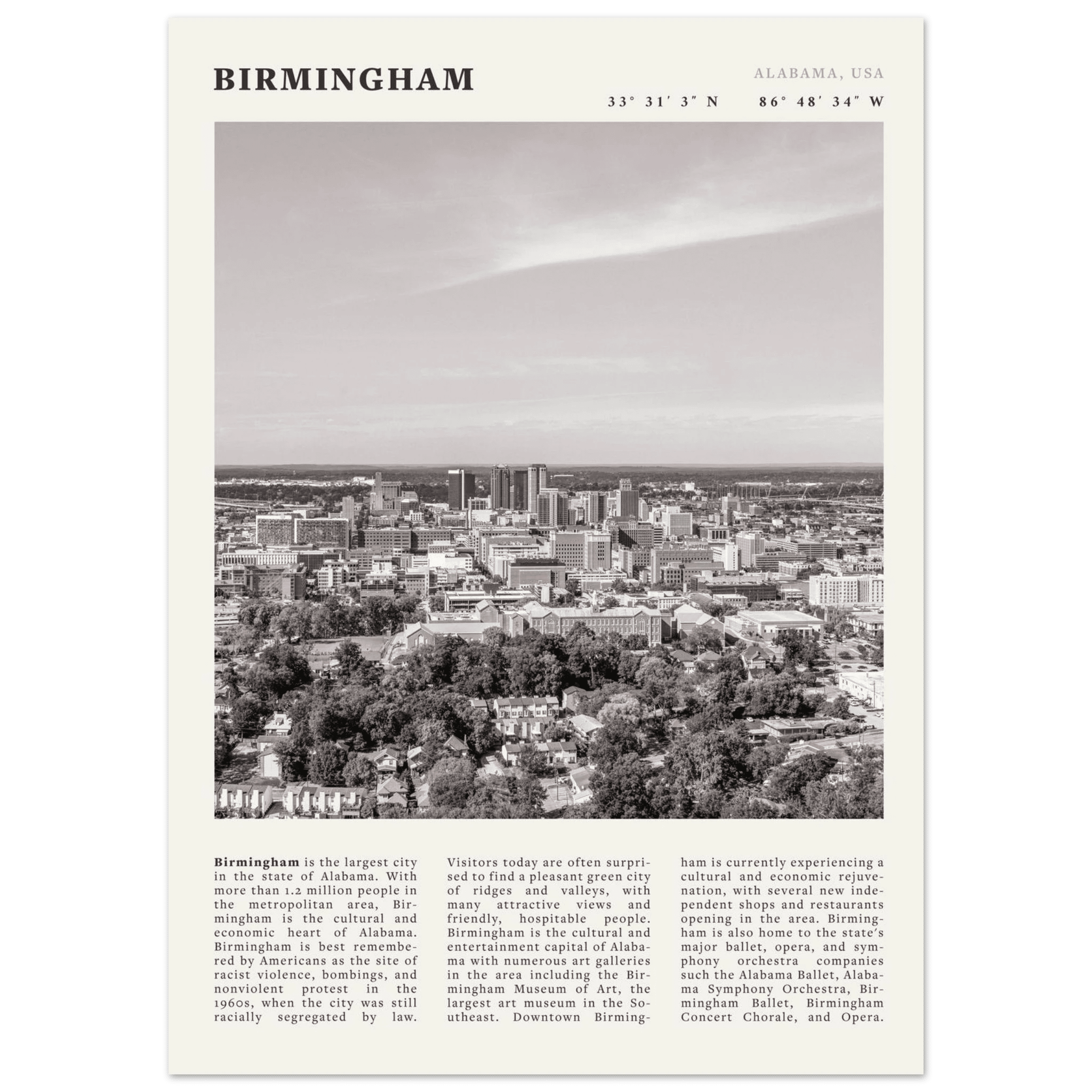 Birmingham Poster | Black & White Alabama Skyline Wall Art | AL Travel Print - Evergreen Posters
