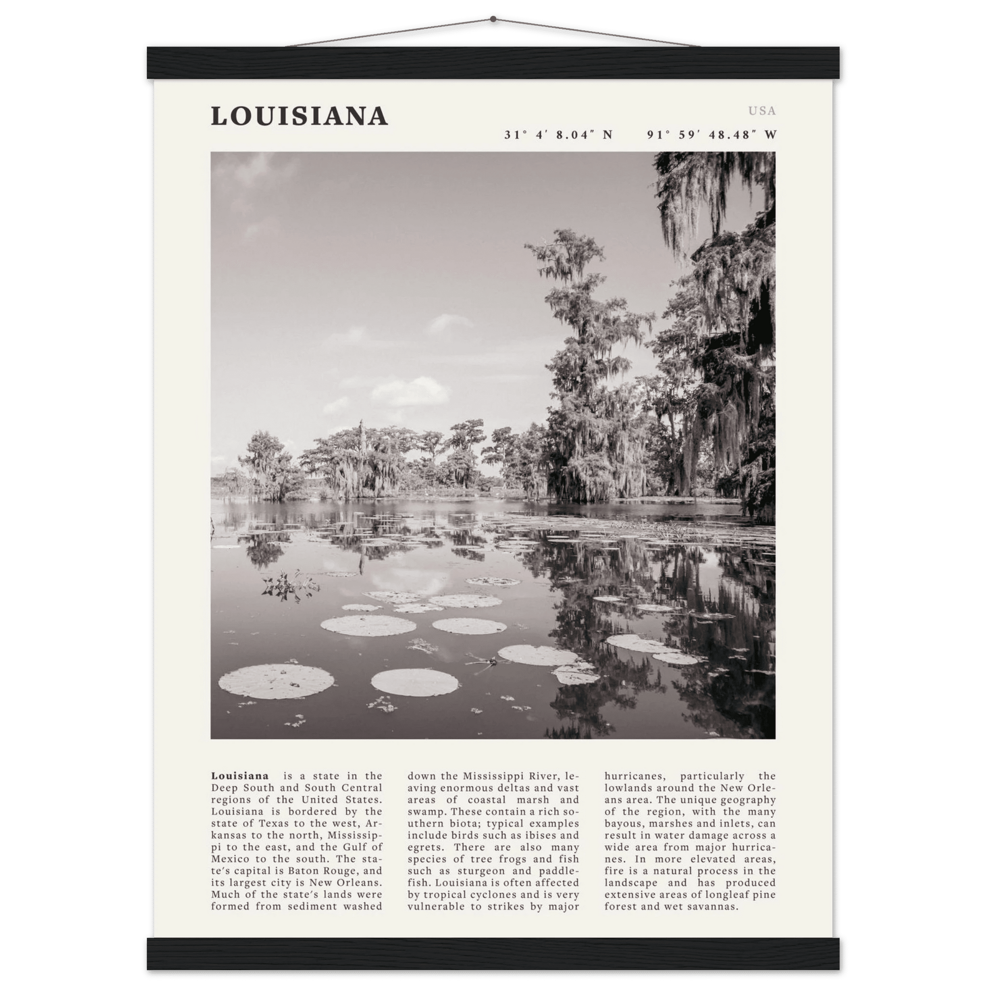 Louisiana Poster | Black & White Bayou Wall Art | Southern USA Travel Print Decor - Evergreen Posters