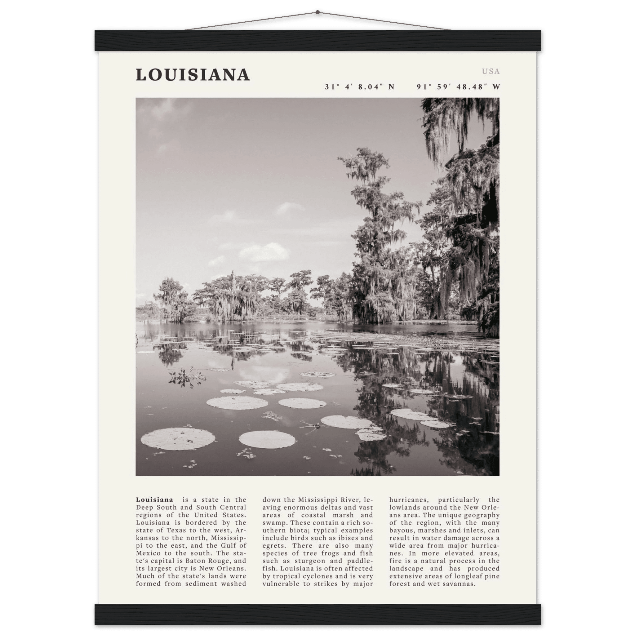 Louisiana Poster | Black & White Bayou Wall Art | Southern USA Travel Print Decor - Evergreen Posters
