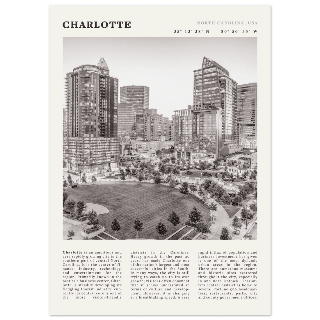 Charlotte Poster | Black & White North Carolina Skyline Wall Art | NC Travel Print - Evergreen Posters