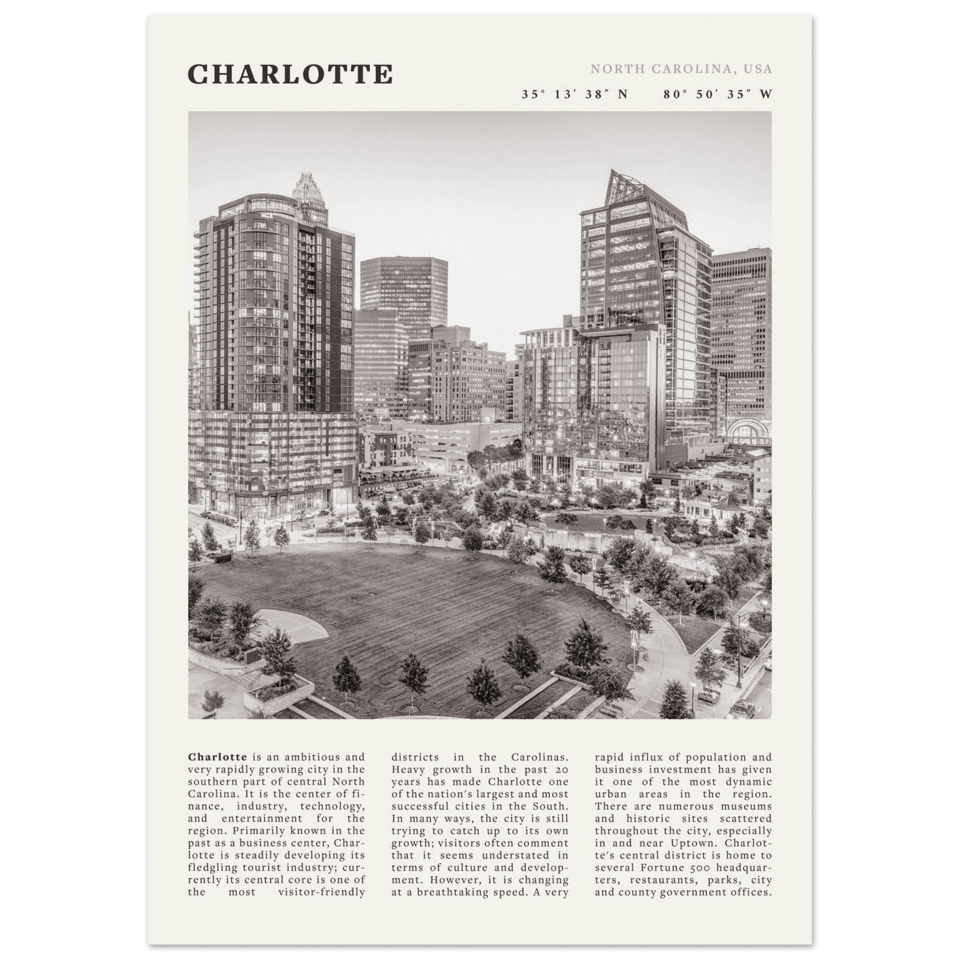 Charlotte Poster | Black & White North Carolina Skyline Wall Art | NC Travel Print - Evergreen Posters