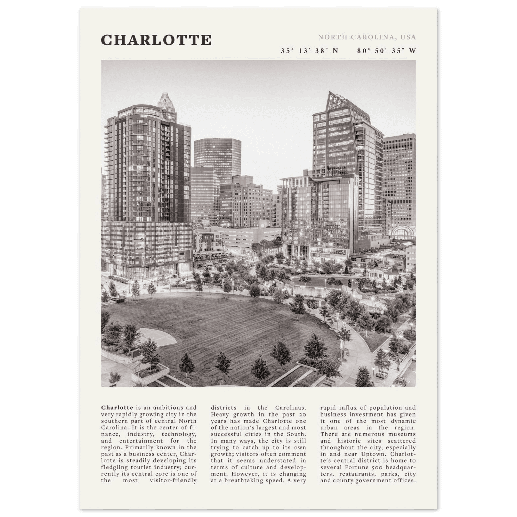 Charlotte Poster | Black & White North Carolina Skyline Wall Art | NC Travel Print - Evergreen Posters