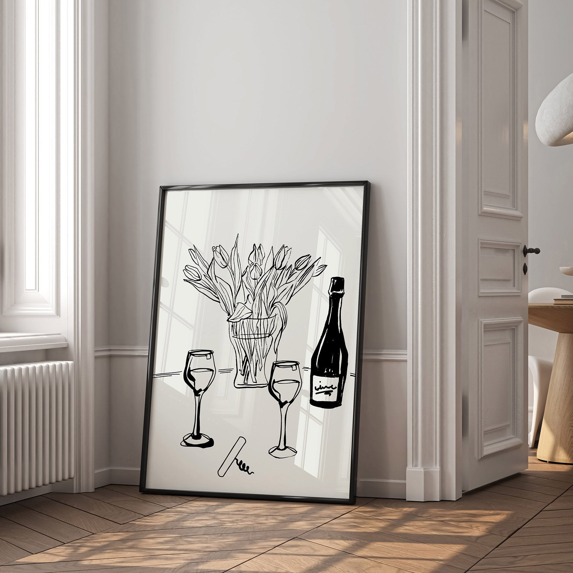 Wine & Tulips Print | Black Line Art Wine Bottle Wall Art | Minimalist Kitchen Poster - Evergreen Posters