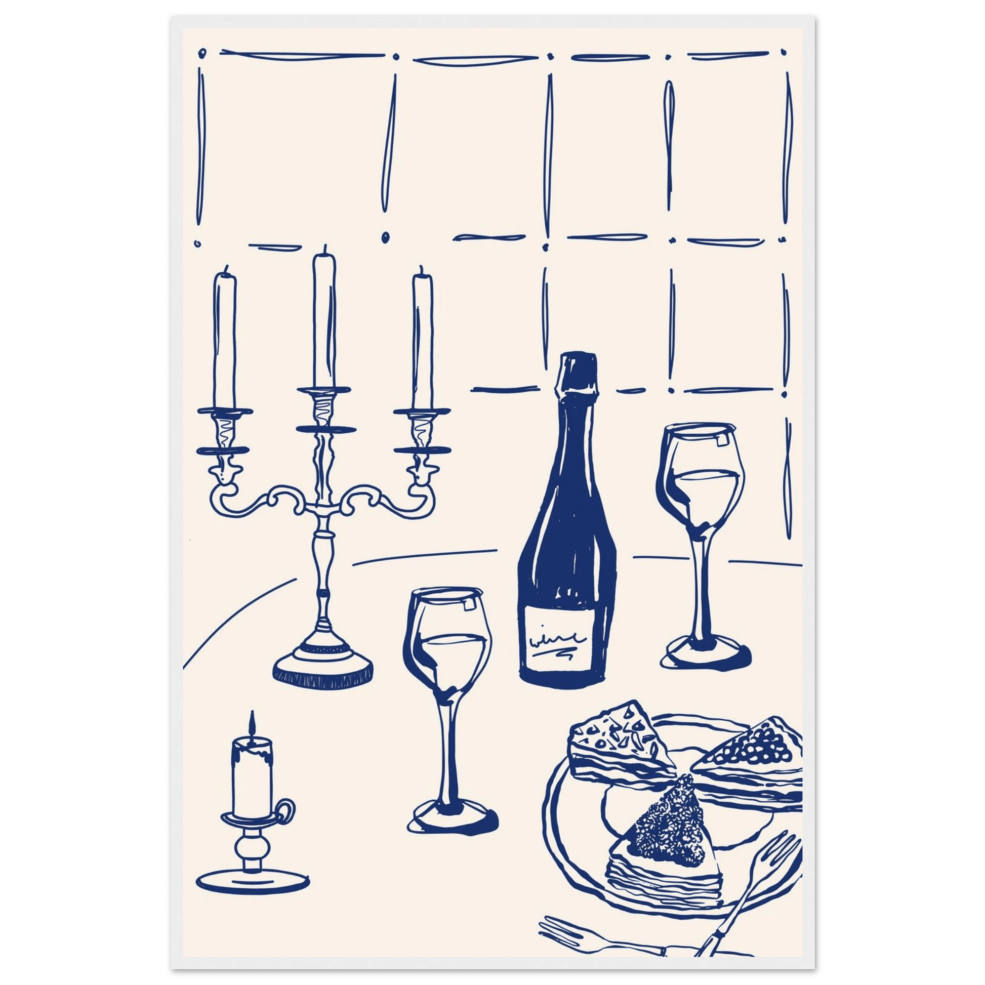 Candlelight Dinner Print | Navy Blue Wine & Candelabra Line Art | Kitchen Poster - Evergreen Posters