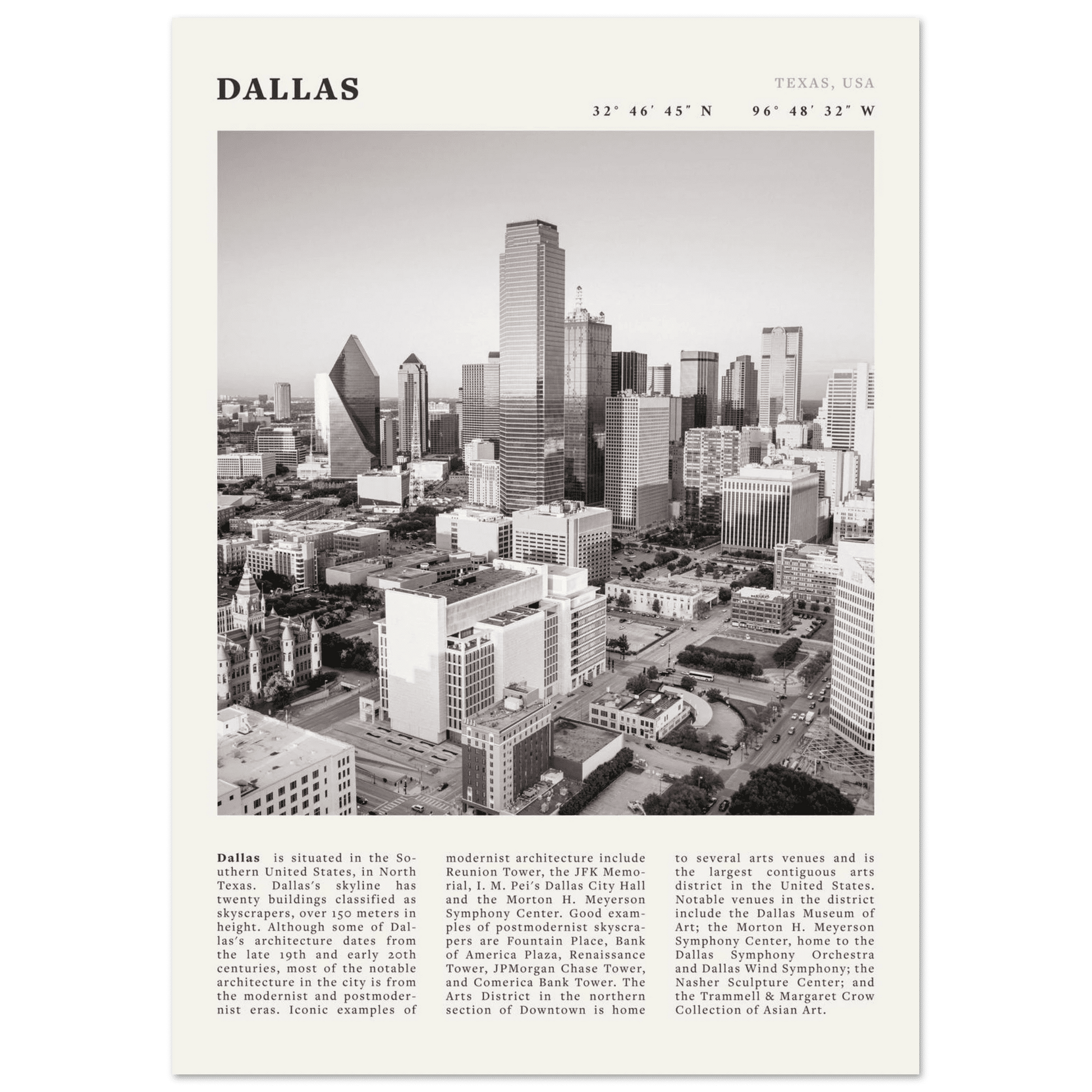 Dallas Poster | Black & White Texas Skyline Wall Art | City Travel Print Decor - Evergreen Posters