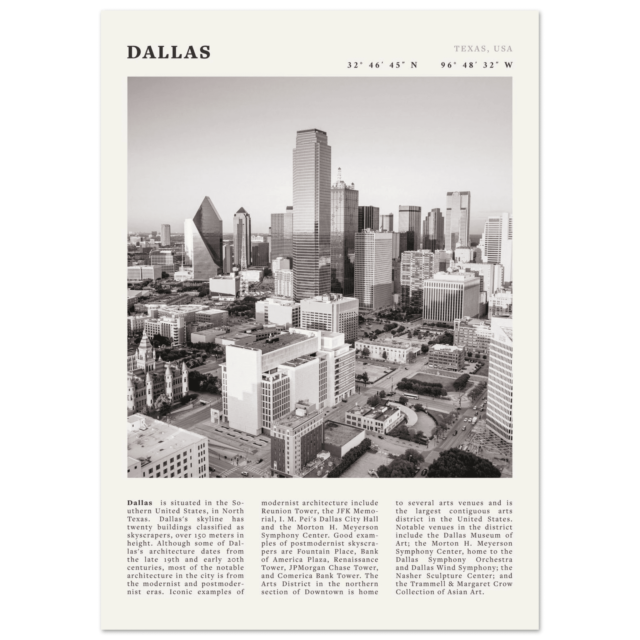 Dallas Poster | Black & White Texas Skyline Wall Art | City Travel Print Decor - Evergreen Posters