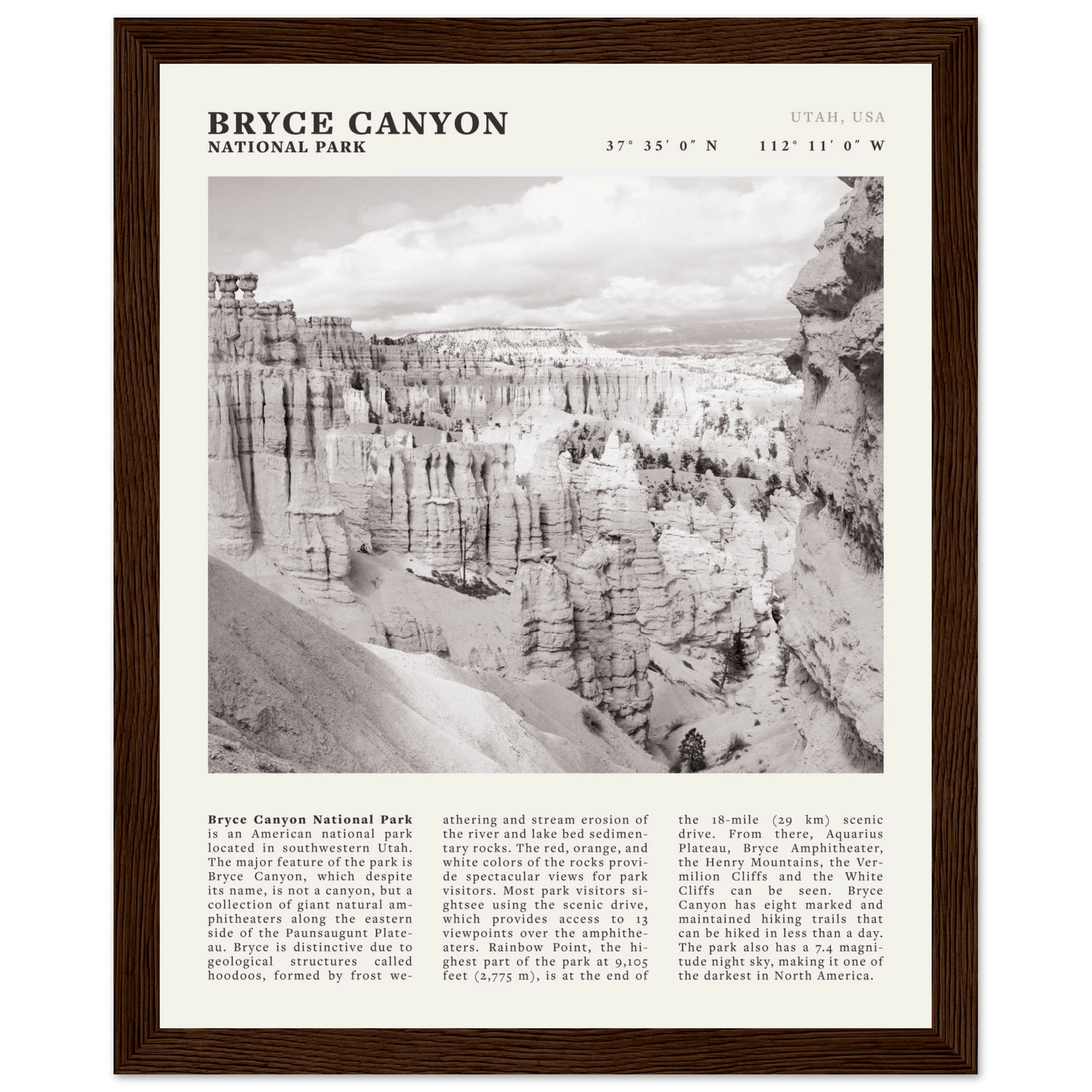 Bryce Canyon National Park Poster | Black & White Utah Hoodoos Wall Art Print - Evergreen Posters - 14