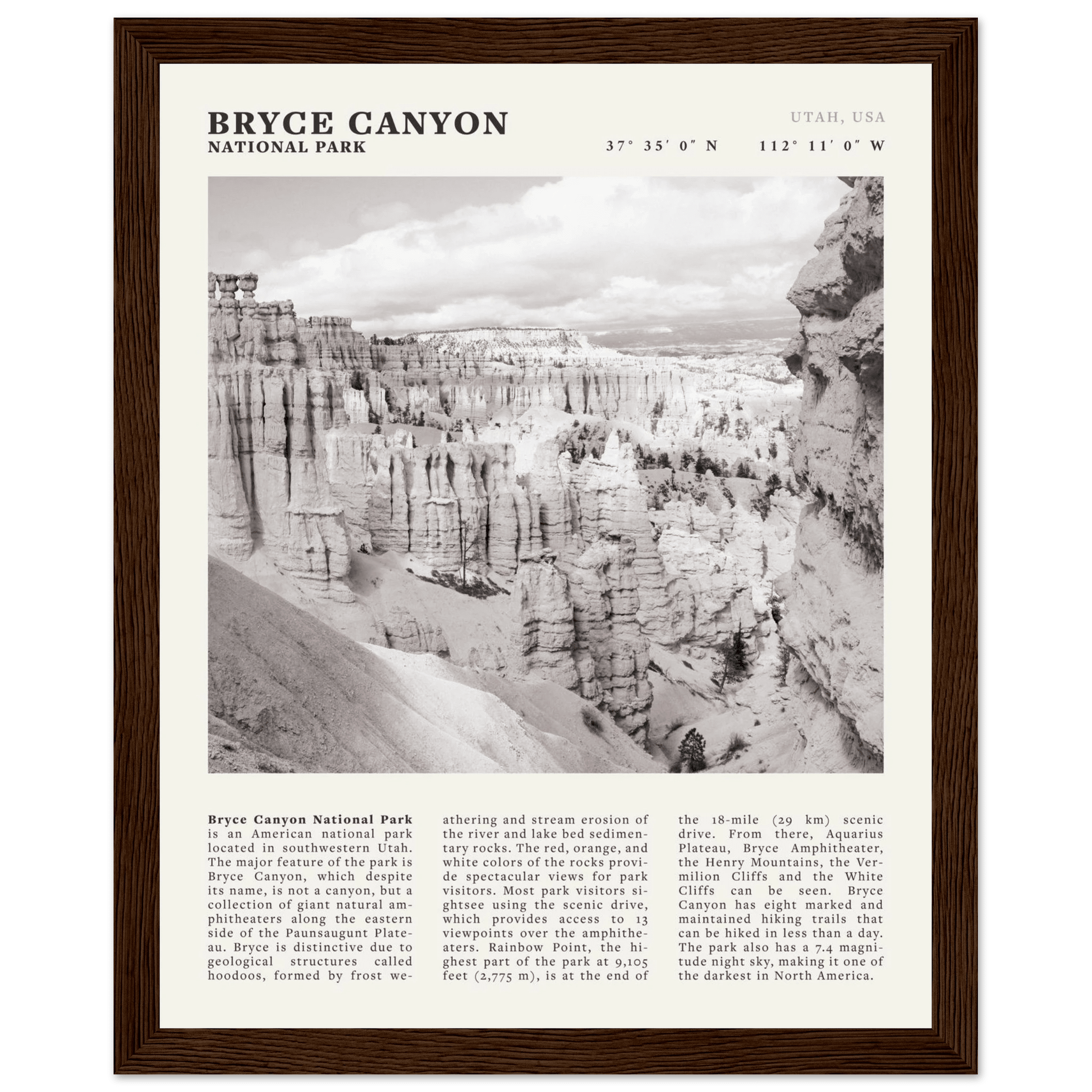 Bryce Canyon National Park Poster | Black & White Utah Hoodoos Wall Art Print - Evergreen Posters - 14