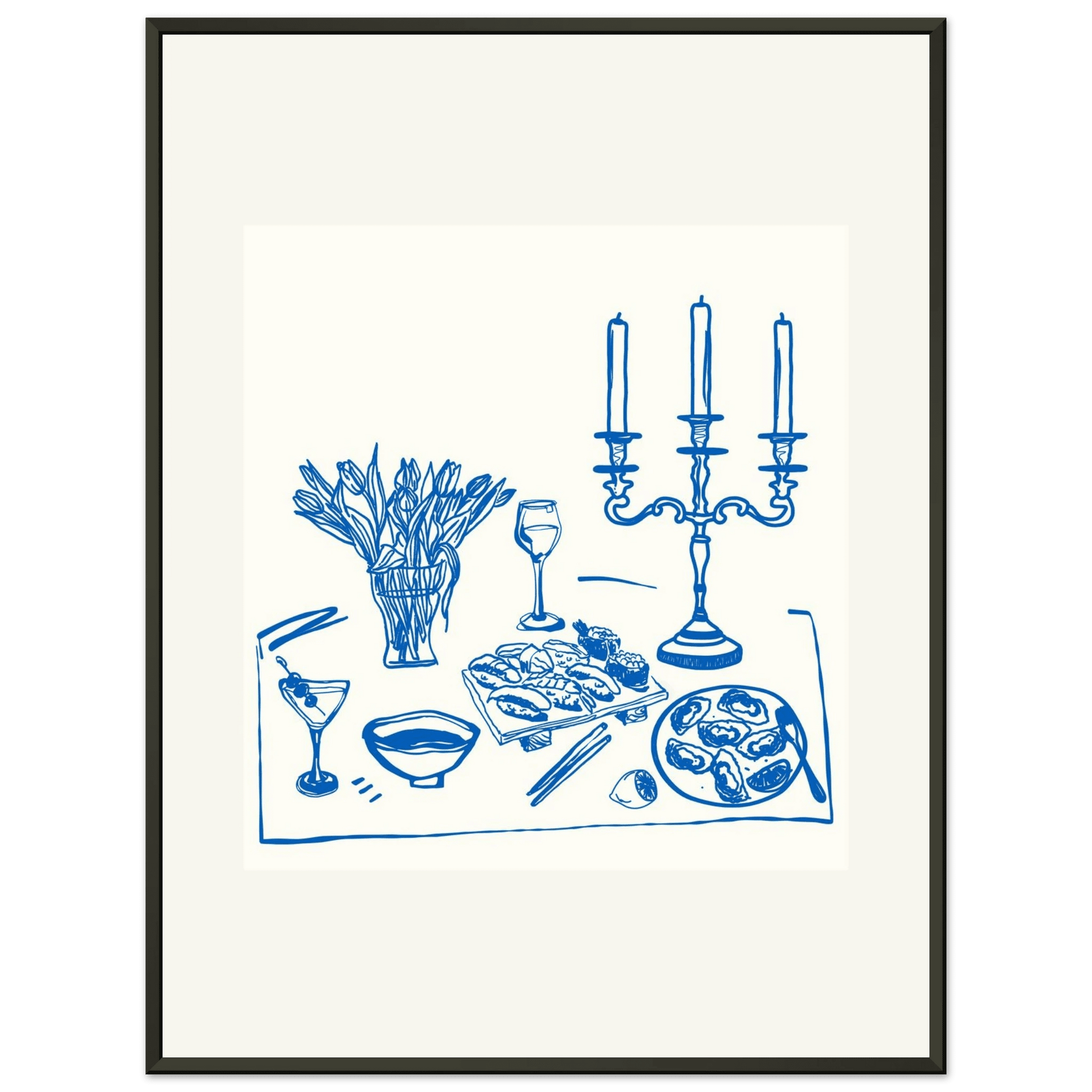 Fine Dining Table Print | Blue Line Art Kitchen Wall Art | Elegant Dining Room Poster - Evergreen Posters