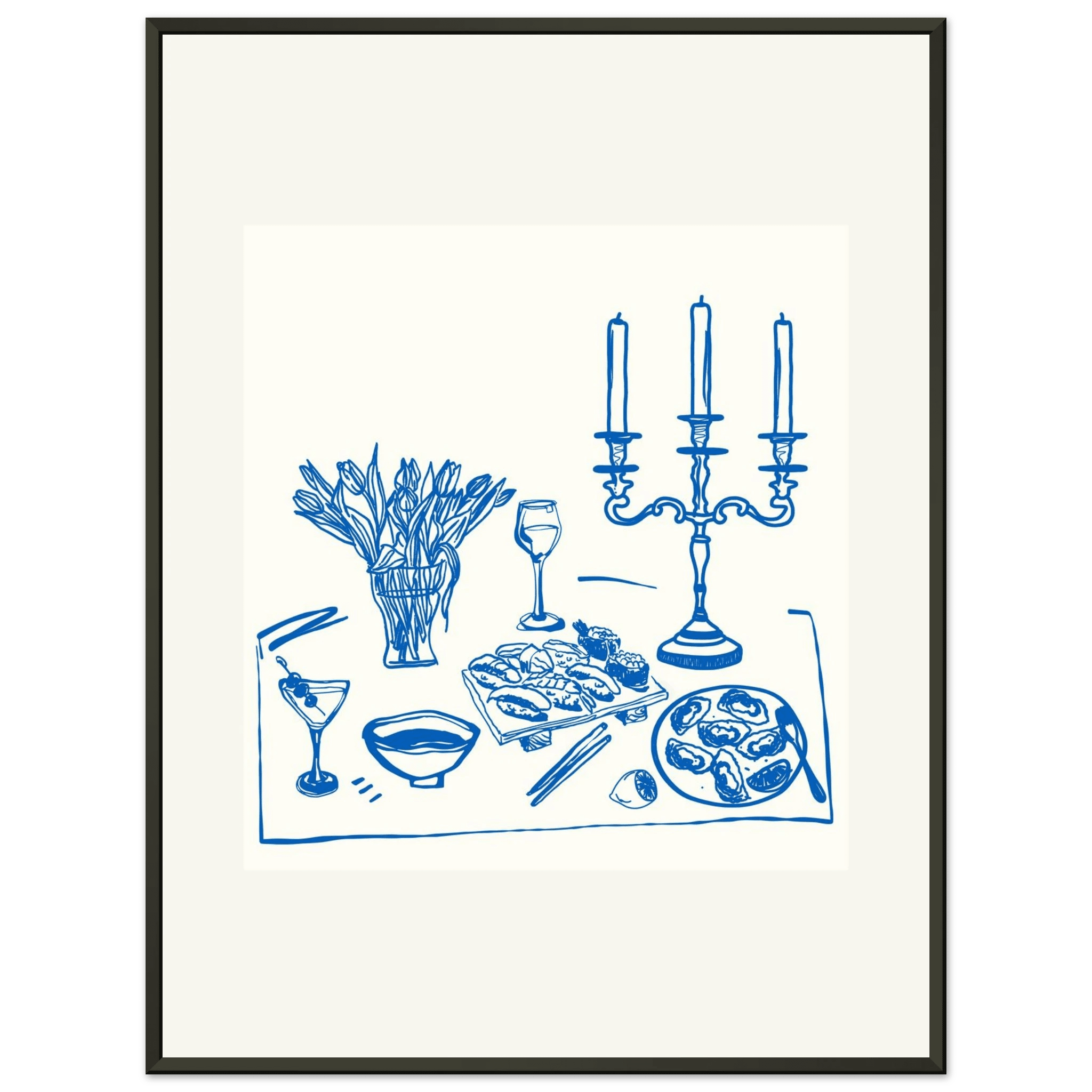 Fine Dining Table Print | Blue Line Art Kitchen Wall Art | Elegant Dining Room Poster - Evergreen Posters