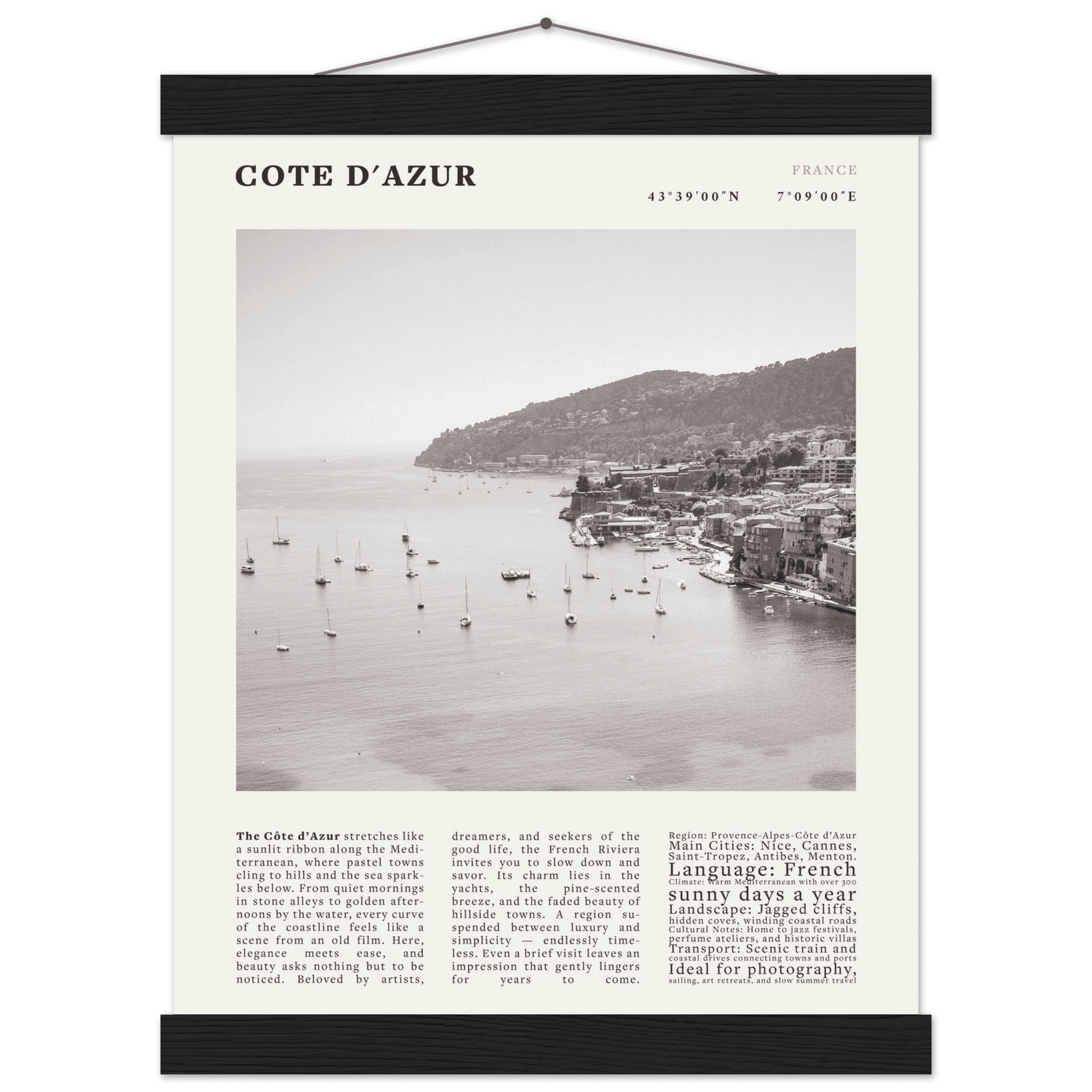 Côte d'Azur Poster Black and White – Vintage French Riviera Coast Print (Digital & Printed Options) - Evergreen Posters