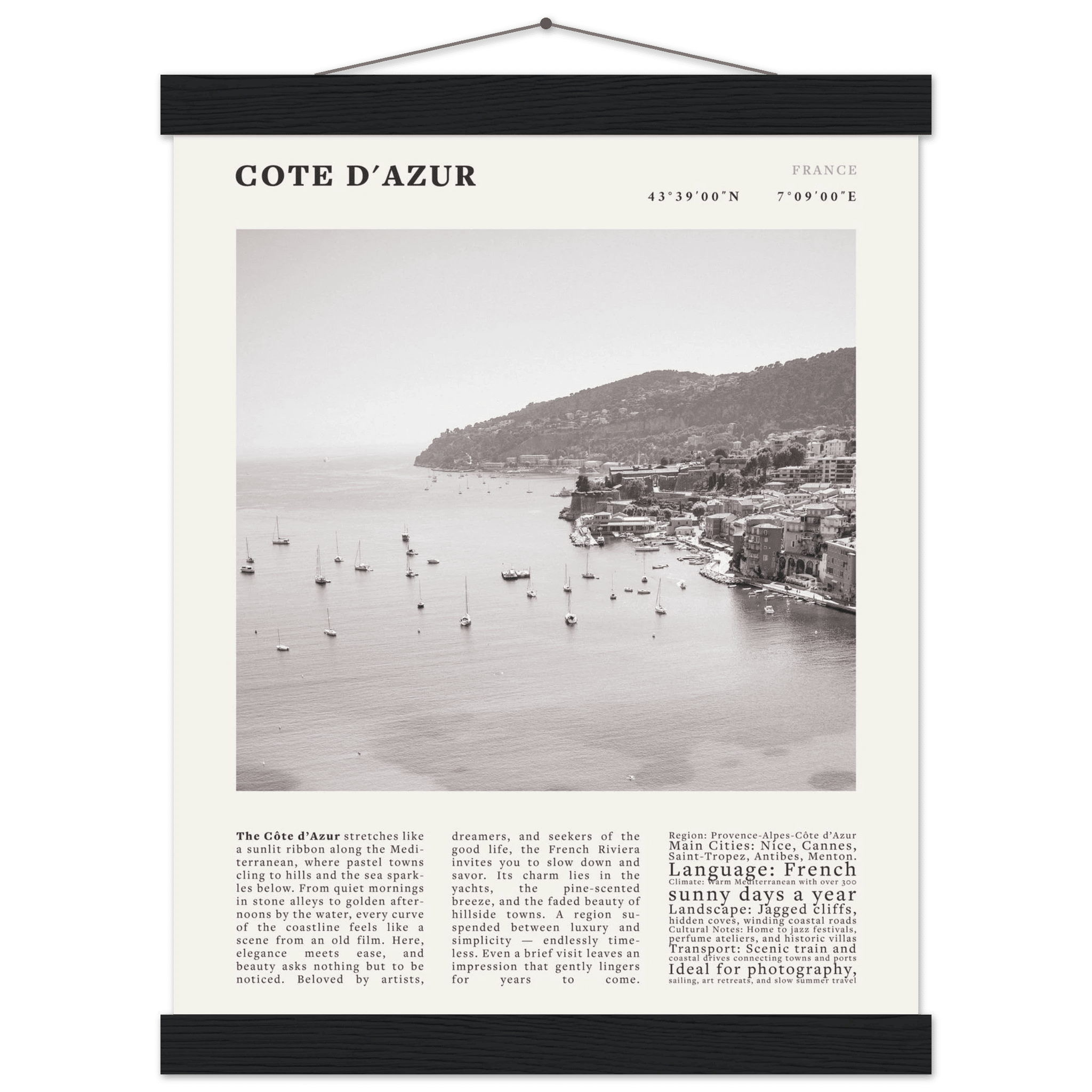 Côte d'Azur Poster Black and White – Vintage French Riviera Coast Print (Digital & Printed Options) - Evergreen Posters